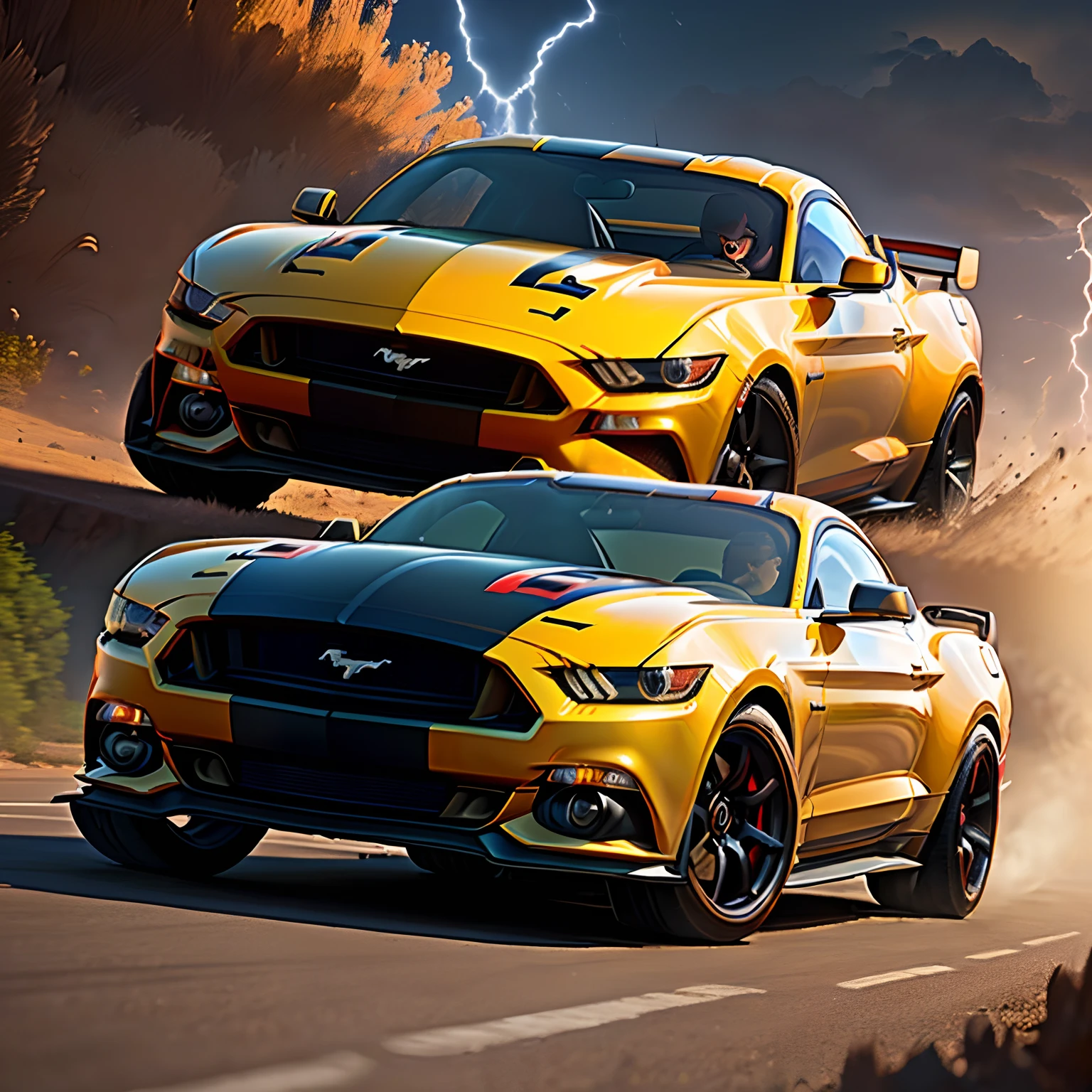 POST 3D INSPIRANDO NA DISNEY/ PIXAR
CAPTURANDO UM CENA, DE UM CARROS, MUSTANG PRETO, CORRENDO CONTRA O, Lightning McQueen.