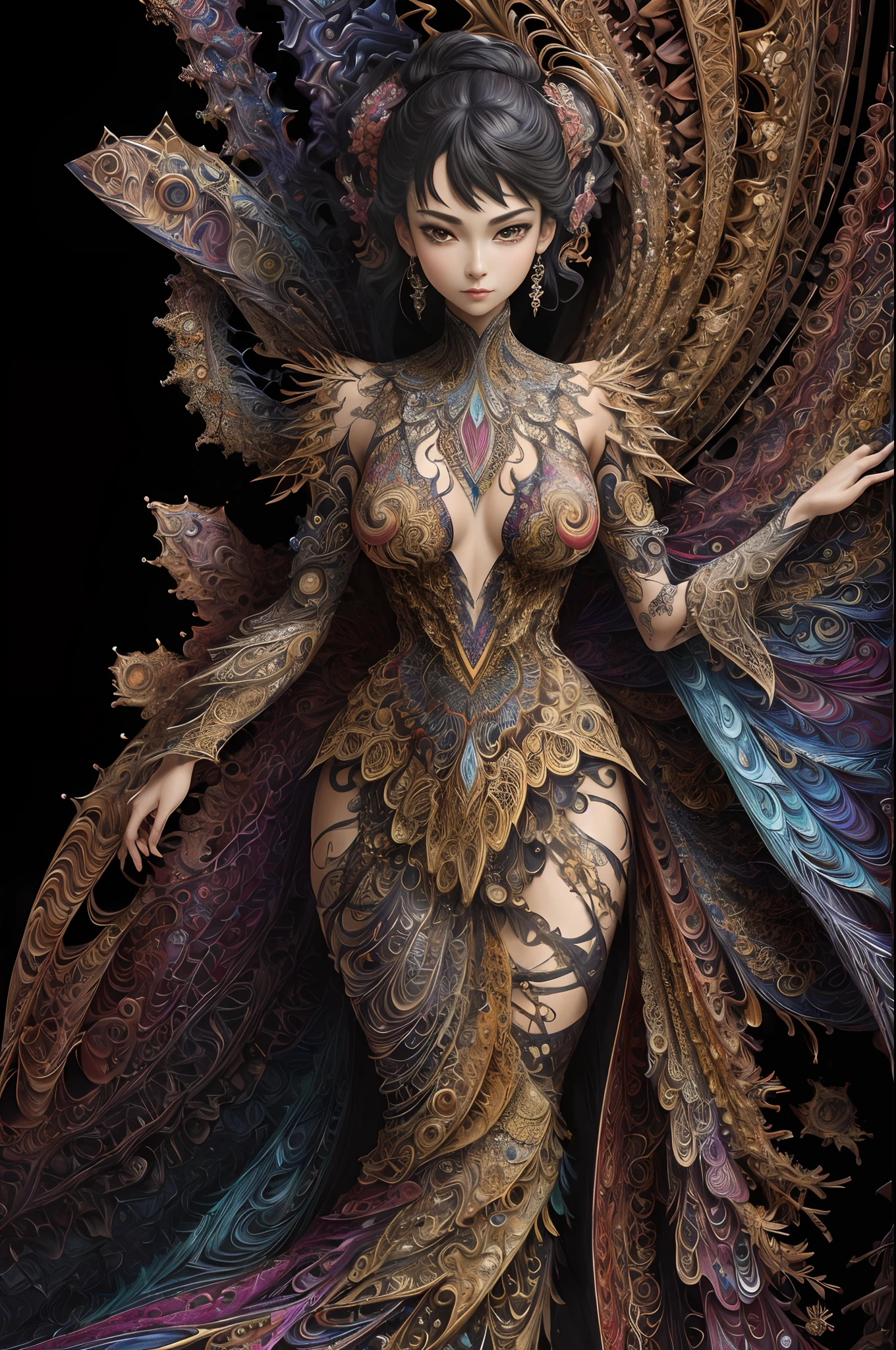 (masterpiece, top quality, best quality, official art, beautiful and aesthetic:1.2), (1girl:1.3), extremely detailed,(fractal art:1.2),colorful,highest detailed,(zentangle:1.2), (dynamic pose), (abstract background:1.5), (treditional dress:1.2), (shiny skin), (many colors:1.4), upper body, masterpiece, best quality,high quality,highres, 16K,RAW,ultra highres,ultra details,finely detail,an extremely delicate and beautiful,extremely detailed,real shadow, anime,highly detailed painted,award winning glamour paintting,wonderful paintting,art style,stylized,