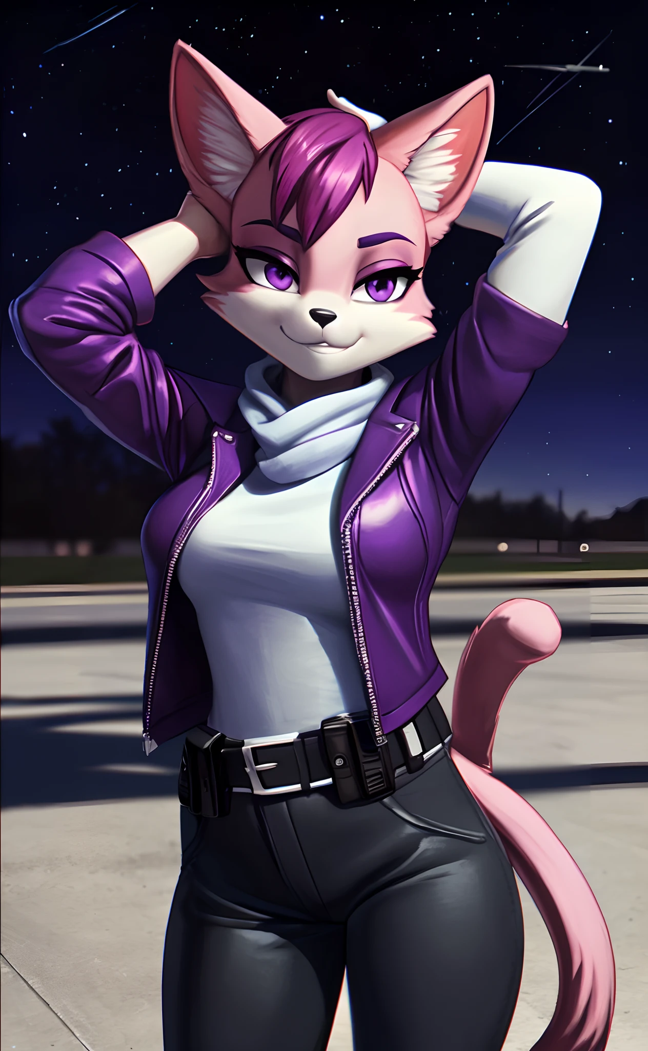 [Katt Monroe], [Starfox], [Uploaded to e621.net; (mayosplash), (Pixelsketcher), (wamudraws)], [Uploaded to twitter.com; (@senip)], ((masterpiece)), ((HD)), ((high quality)), ((solo portrait)) ((front view)), ((furry; anthro)), ((detailed fur)), ((detailed shading)), ((beautiful render art)), ((cel shading)), {(female anthro cat), (slim figure), pink fur black nose, (cat ears), (curly white bang), (purple eyes), (half-closed eyes), (purple eyeshadow), (smug grin)}, {(purple leather jacket), (fluffy scarf), (white tee shirt), (tight purple pants), (utility belt), (grey combat boots)}, {(standing on concrete), (hand on head)}, [background; (air force base), (jet runway), (starry sky), (full moon)]