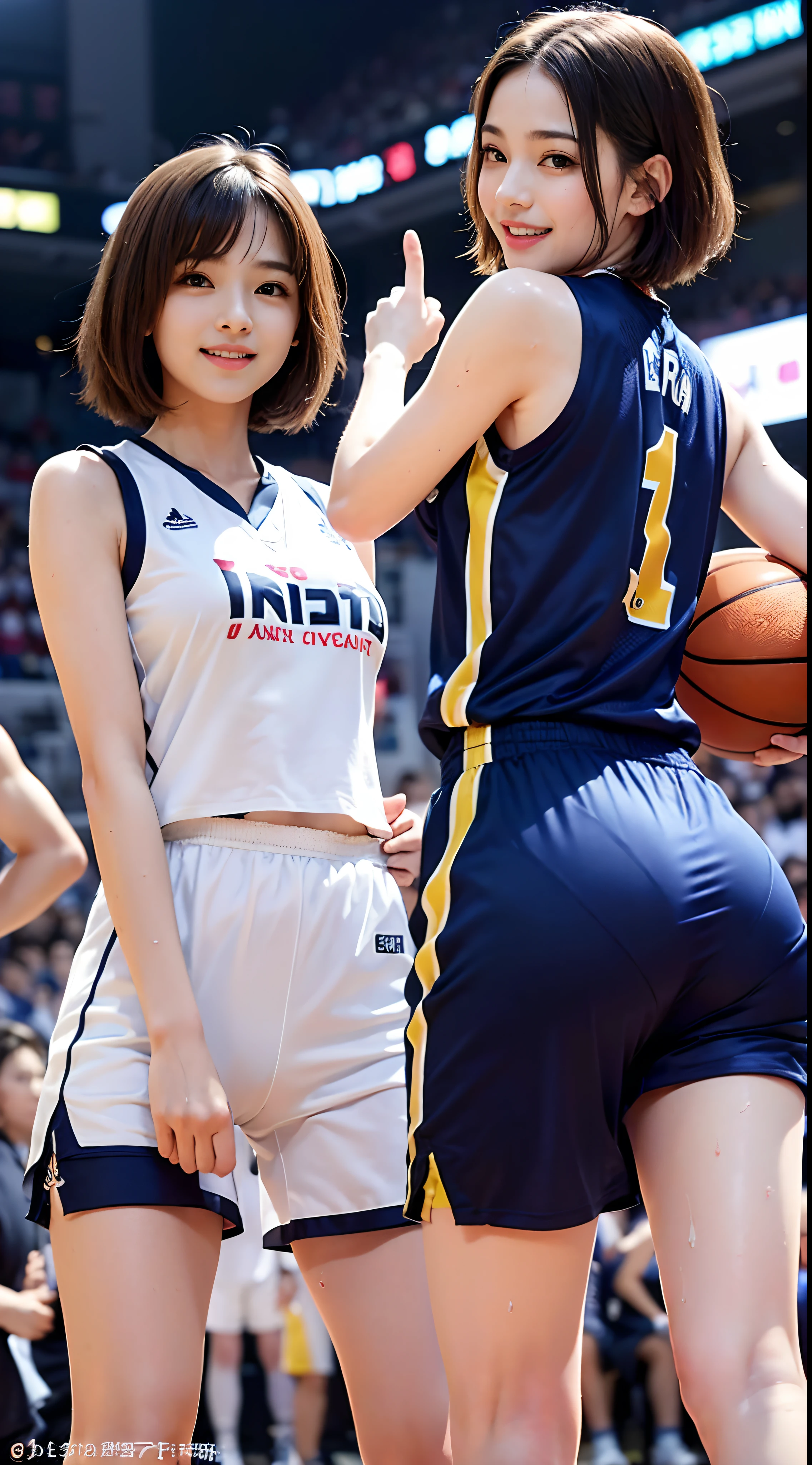 (masterpiece,top-quality,超A high resolution),one japanese woman, (((Very beautiful 12 year old girl))), Kawaii Girl、View photographer、, ((Shorthair)), hyper cute face, Glossy lips, Double eyelids in both eyes,Smiling smile、 Natural makeup, long eyelashes, Glossy and smooth hair quality、central image, Perfect limbs, Perfect Anatomy、(((,Basketball Player Silk Sleeveless Uniform,Beautiful little buttocks pointing upwards, The bra is visible through the armhole of the uniform,Loose uniform,Look back)))(((Wet with sweat)))
