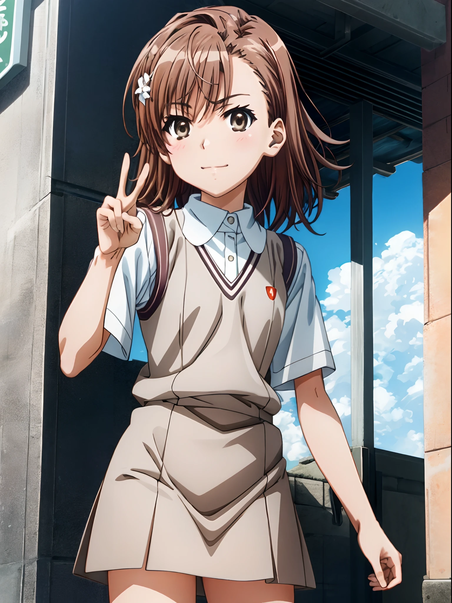 An ultra-high picture quality、(​masterpiece)、[3D images:1.5],Attractive eyes、Cute Peace Sign、full-body view、(​masterpiece:1.6、top-quality)、(Beautiful Eyes of Details:1.2)、(Misaka_mikoto:1.5)、(beautiful and clear background:1.25)、Look at viewers、cparted lips、A smile、 Beautiful anime girl, Beautiful Art Style, a closed mouth、window、[[In high-quality anime、Cute Misaka with light brown hair and brown eyes_mikoto:1.15]]、(cowboy  shot:1.4)、(校服:1.4)、校服、White shirt、Neck ribbon、Light Brown Sleeveless Cardigan、grey miniskirt、