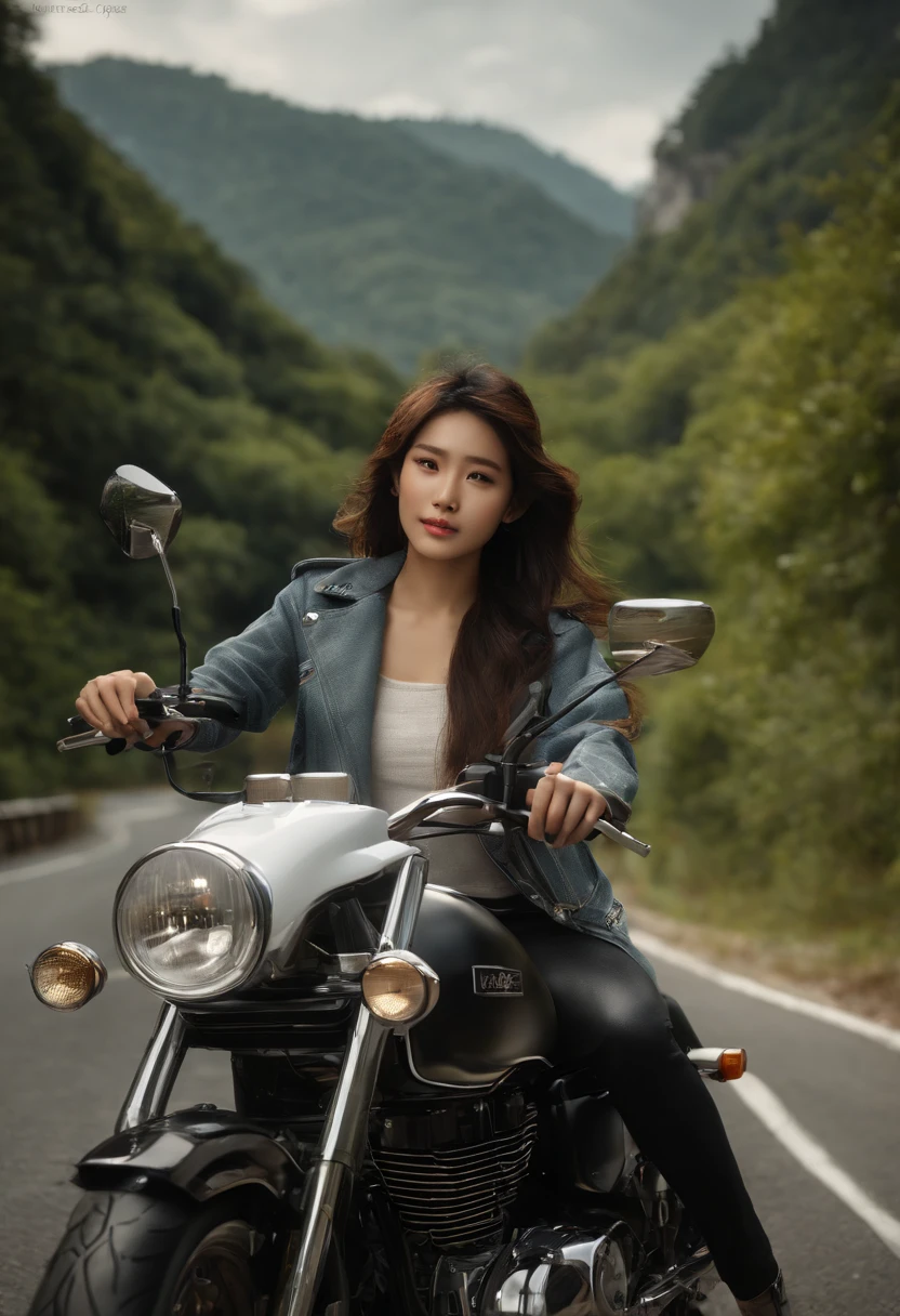 Girl driving a classic motorbike, personality, Long bangs hair, full scene shot, bestquality, Cloudy mountains, Forest in the bottom of Moutain, high wind, Cute Girl, Exit Door Scene, Black Hair ,long-haired,Japanese face , view: natural, delicate face, pretty face, Highly detailed face and skin texture, detailed eyes, 二重まぶた, Full body, asian girl, 24-year-old female model, octanerender,Two-tone lighting,wide aperture,low ISO,White Balance, Classic motorbike driving, scenary, I'm flying., EGAT. (high dynamic range),ray tracing, Hyperresolution,unreal 5, PBR Textures,Post Processing,Anisotropy filtration, Multilayer textures, Beautiful Woman
