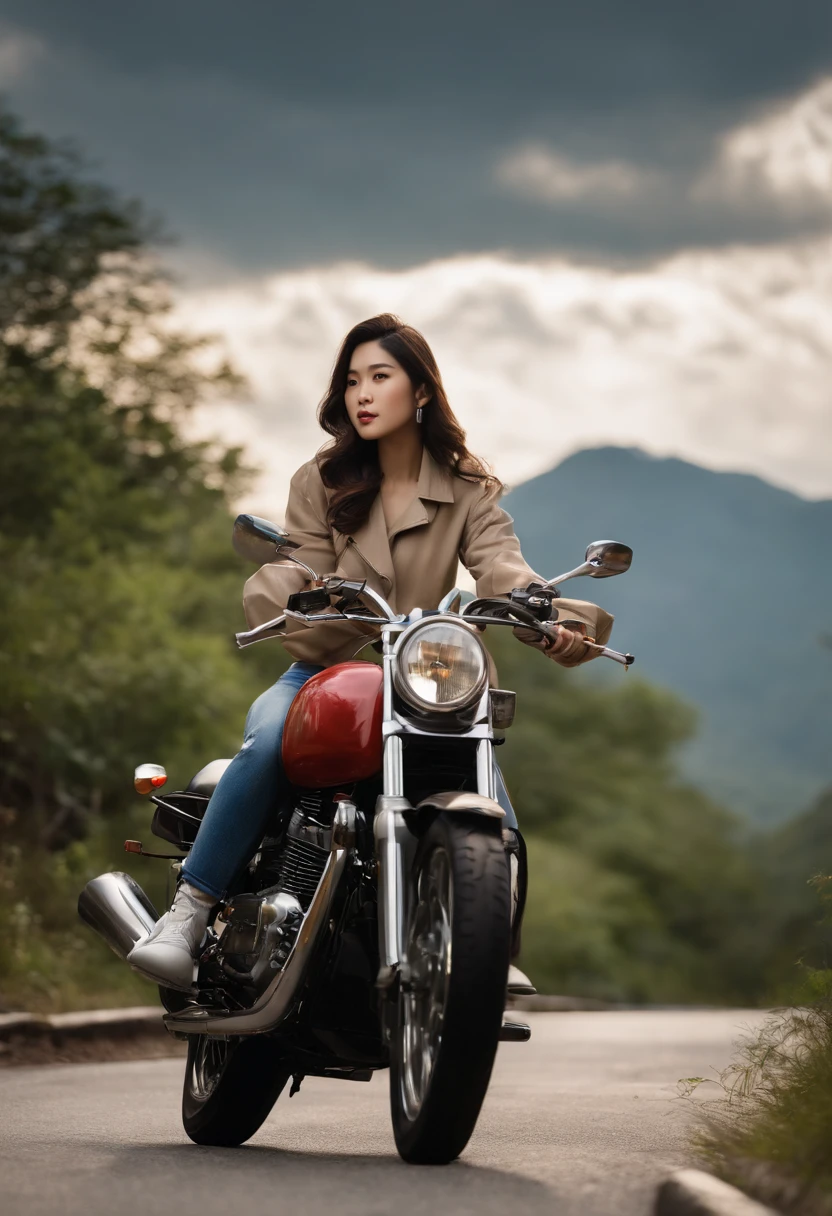 Girl driving a classic motorbike, personality, Long bangs hair, full scene shot, bestquality, Cloudy mountains, Forest in the bottom of Moutain, high wind, Cute Girl, Exit Door Scene, Black Hair ,long-haired,Japanese face , view: natural, delicate face, pretty face, Highly detailed face and skin texture, detailed eyes, 二重まぶた, Full body, asian girl, 24-year-old female model, octanerender,Two-tone lighting,wide aperture,low ISO,White Balance, Classic motorbike driving, scenary, I'm flying., EGAT. (high dynamic range),ray tracing, Hyperresolution,unreal 5, PBR Textures,Post Processing,Anisotropy filtration, Multilayer textures, Beautiful Woman