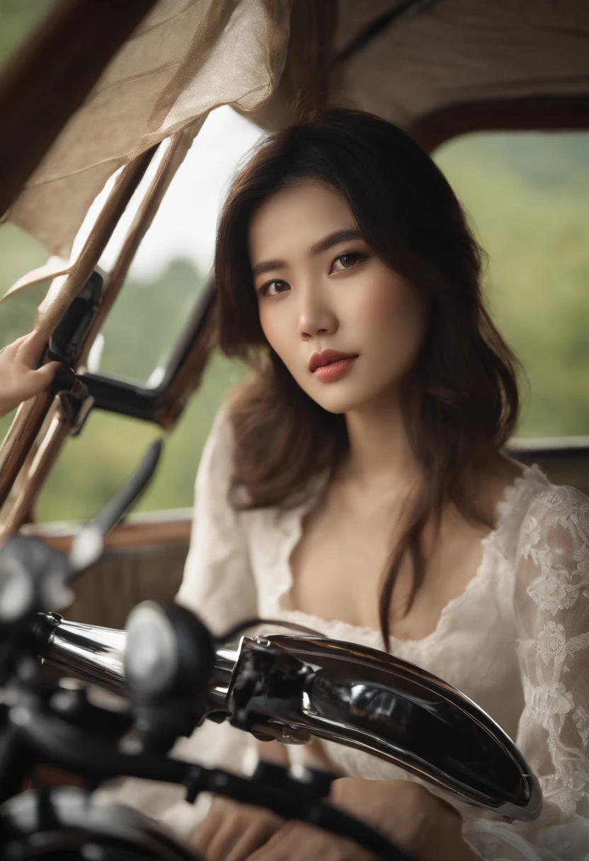 Girl driving a classic motorbike, personality, Long bangs hair, full scene shot, bestquality, Cloudy mountains, Forest in the bottom of Moutain, high wind, Cute Girl, Exit Door Scene, Black Hair ,long-haired,Japanese face , view: natural, delicate face, pretty face, Highly detailed face and skin texture, detailed eyes, 二重まぶた, Full body, asian girl, 24-year-old female model, octanerender,Two-tone lighting,wide aperture,low ISO,White Balance, Classic motorbike driving, scenary, I'm flying., EGAT. (high dynamic range),ray tracing, Hyperresolution,unreal 5, PBR Textures,Post Processing,Anisotropy filtration, Multilayer textures, Beautiful Woman