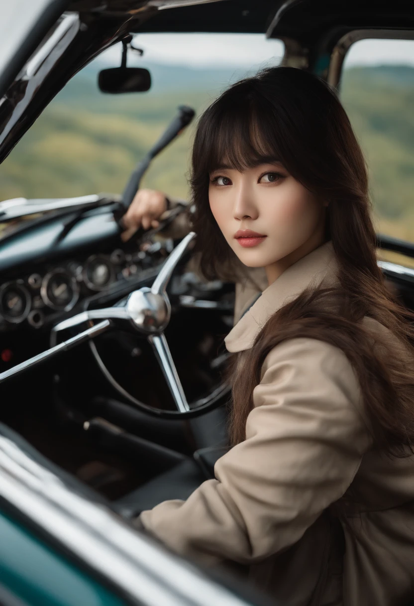 Girl driving a classic motorbike, personality, Long bangs hair, full scene shot, bestquality, Cloudy mountains, Forest in the bottom of Moutain, high wind, Cute Girl, Exit Door Scene, Black Hair ,long-haired,Japanese face , view: natural, delicate face, pretty face, Highly detailed face and skin texture, detailed eyes, 二重まぶた, Full body, asian girl, 24-year-old female model, octanerender,Two-tone lighting,wide aperture,low ISO,White Balance, Classic motorbike driving, scenary, I'm flying., EGAT. (high dynamic range),ray tracing, Hyperresolution,unreal 5, PBR Textures,Post Processing,Anisotropy filtration, Multilayer textures, Beautiful Woman