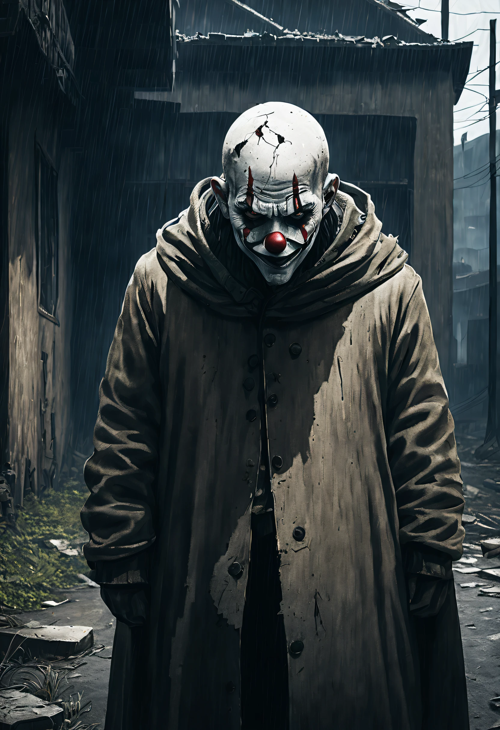 In a desolate town, a clown wearing a tattered mask wanders alone through the empty streets, clutching a hammer. His black cloak is covered in grime, depicting the ravages of time. The only backdrop to this town is the abandoned houses behind him. The atmosphere is incredibly oppressive, evoking a sense of loneliness and desolation.

(highres,4k,best quality,masterpiece:1.2),ultra-detailed,realistic:1.37, HDR,UHD,stark lighting,sharp focus,surrealism,portraits,vivid colors,dark color palette,dramatic shadows,lens flare,ominous ambiance,cracked pavement,crumbling buildings,weathered textures,lonely urban landscape,overgrown weeds,hauntingly silent street,hazy atmosphere,foreboding sense of emptiness,transformed reality,poetic decay,desolate beauty,disheveled mask,tattered cloak,ominous presence,aged features,revealing cracks and wrinkles,piercing gaze,solemn expression,heavy atmosphere,aesthetic decay,intricate details,dynamic composition,striking contrast,stark black and white tones,dramatic lighting effects,dreary ambiance.
