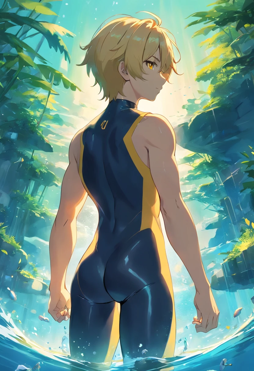 1 male human、a blond、Huge ass、blackbodysuit、yellow  eyes、Large, thick thighs、short-haired、wide hips、musculature、under the water
