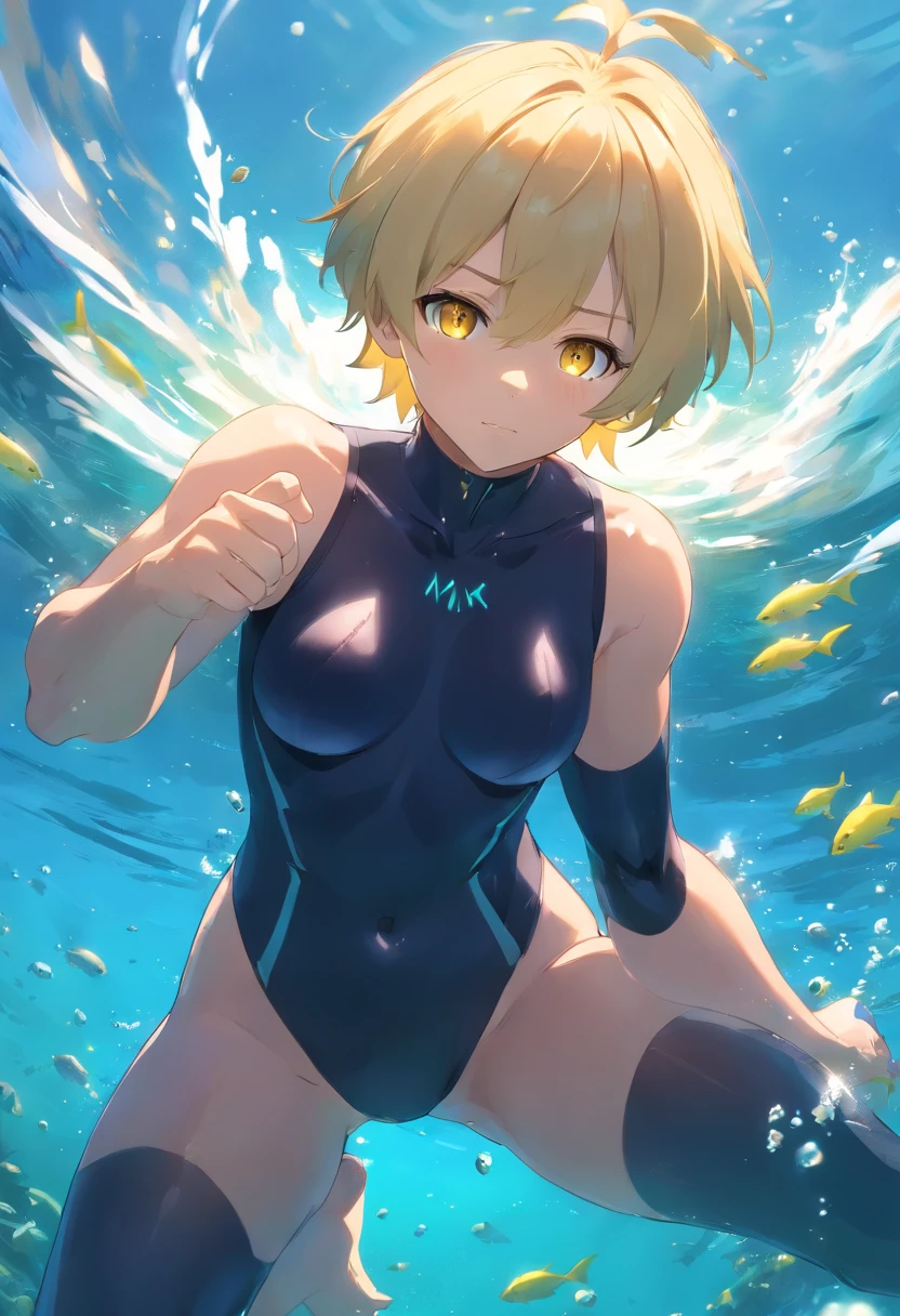 1 male human、a blond、Huge ass、blackbodysuit、yellow  eyes、Large, thick thighs、short-haired、wide hips、musculature、under the water