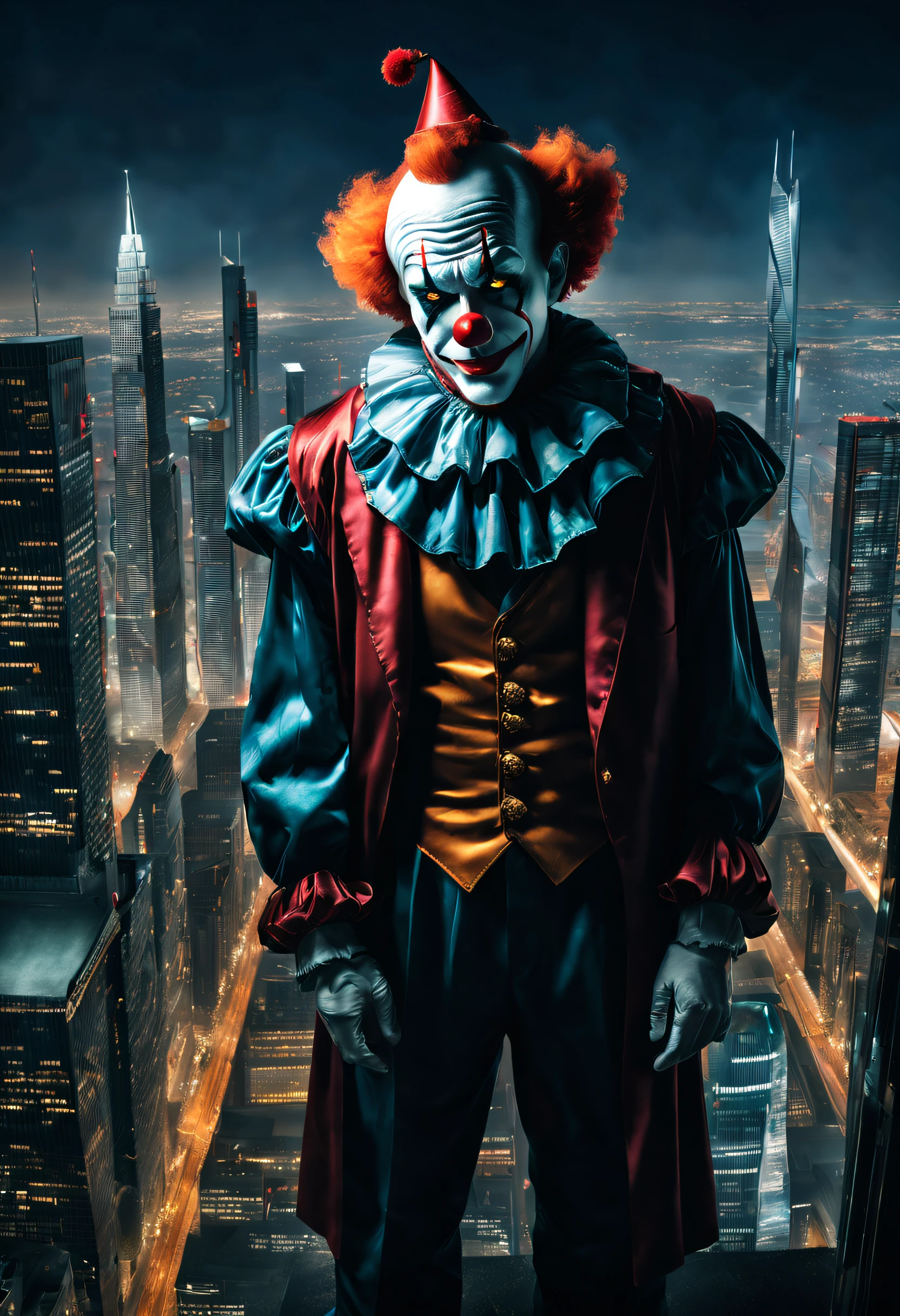 In a bustling city filled with modern technology, there stands a tall, suit-clad jester. He stands alone at the top of a skyscraper, gazing out at the chaotic city below. The jester's face is etched with deep sadness, while towering skyscrapers surrounding him reflect the prosperity and vibrancy of the city. It is a silent scene that commands respect.
(highres,photorealistic), (sharp focus,ultra-detailed), (portrait,concept art),(sad clown, the lone jester), (expansive urban landscape, cityscape), (tall suit-clad figure),(juxtaposition of prosperity and solitude), (the jester's reflective expression), (glass-encased skyscrapers), (hustle and bustle of the city),(imposing skyline), (city lights illuminating the night), (striking contrast), (reflective atmosphere).