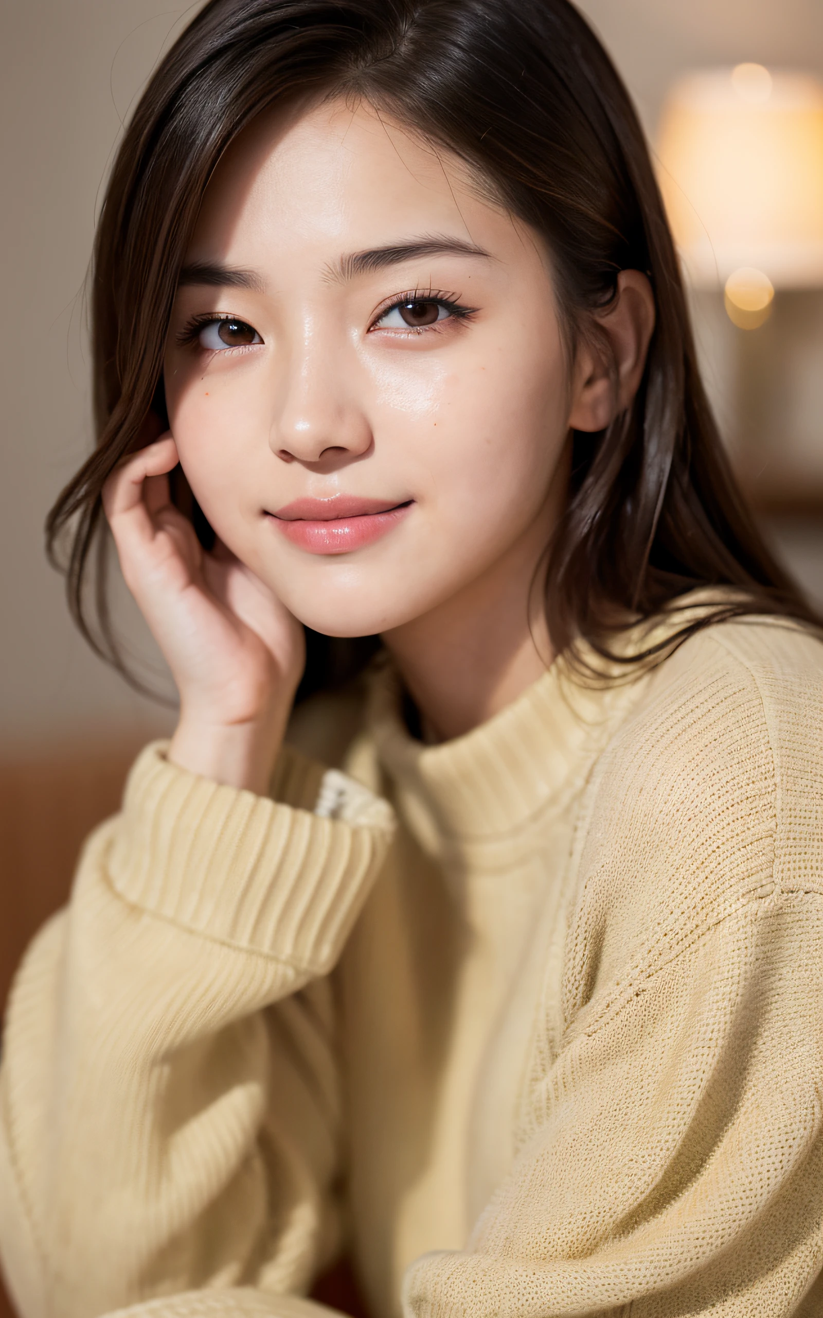 (Photo Real:1.4), (hyper realisitic:1.4), (Smooth lighting:1.05), 1 girl, (sad:1.4), mouth slightly open, neat and clean beauty, 22 years old, Soft lighting, Back lighting, (cheerfulness:1.2), (Finest Real Textured Skins), Narrow-eyed, Super fine face, glowy skin, retinas, Anatomically correct, acurate, Super Detail, Textured skin, High quality, high details, Best Quality, High resolution, sweater