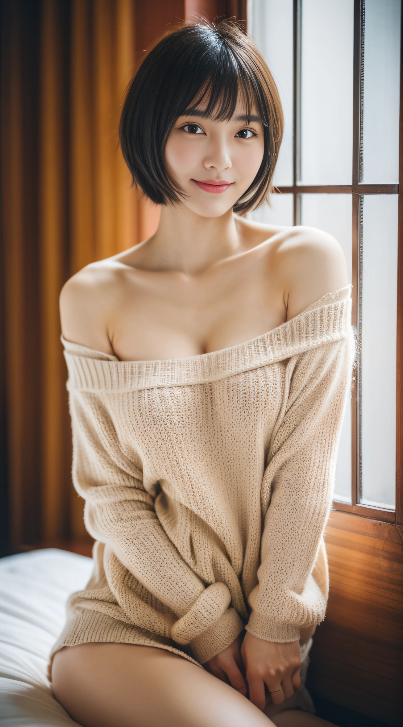 sexy lady in white underwear posing for a photo with window in background, 1girl, solo, brown hair, see-through, short hair, sitting, underwear, realistic, (Raw photo, Best Quality, masutepiece:1.2), Ultra Detail, Super Resolution, (Realistic, photos realistic:1.37), Portrait, high-definition RAW color photography, professional photograpy, Extremely detailed, 8K Wallpaper, amazingly detail, Huge file size, Official art, Highly detailed CG Unity 8K wallpapers, highly detailed beautiful girl, Highly detailed face, Highly detailed eyes, highly detailedskin, highly detailed nose, very detailed detailed mouth , Perfect Anatomy, Highly detailed background, Very detailed clothes, 1girl in, (20:1.2), 20s, Cute Girl, Realistic body, Fair skin, Handsome body, Black hair , Short hair, (Blunt bangs:1.2), Smile, Cute, Cute face, Realistic face, Delicate eyes, drooping eyes, earrings, Looking at Viewer, facing front, Dynamic lighting, Huge breasts, Highly detailed park background, (Full body:1.5), Braless、Pose like a model, on the bed、Indoors、In a room with a sense of life、Thick knitted clothing、kou、midwinter、Stove、Wood stove、mountain hut、Winter clothes、Emphasizing cleavage, Sharp in focus、the background is blurred、The beautiful eyes are emphasized