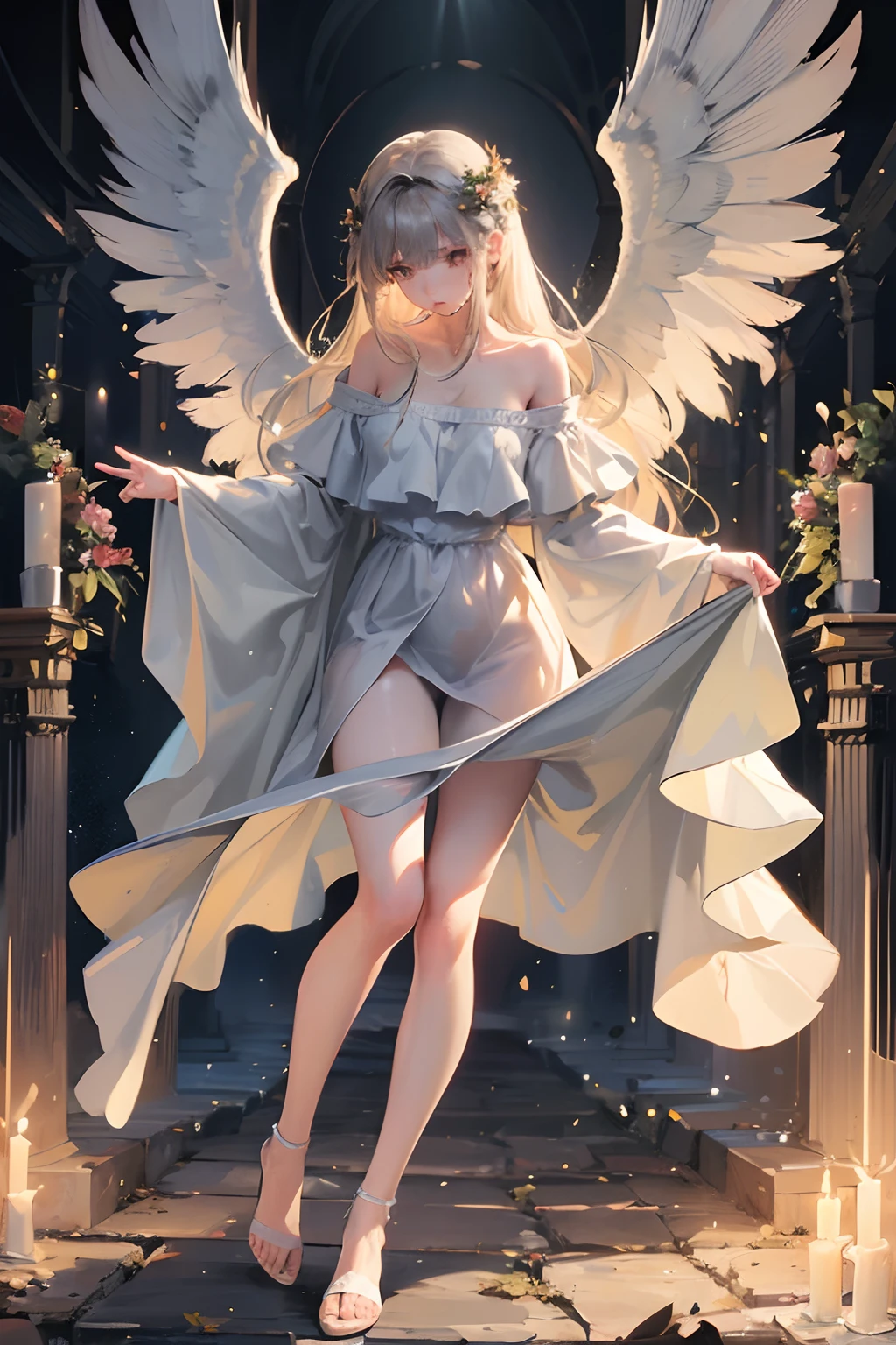 (masterpiece), (best quality), photorealistic, art, sharp focus on face, full body,
intricate eyes, perfect, beautiful, bare legs, soft clothes, fallen angel, crying, heartbreaking,
death, haze light, heavenly, cinematic, background with depth, art