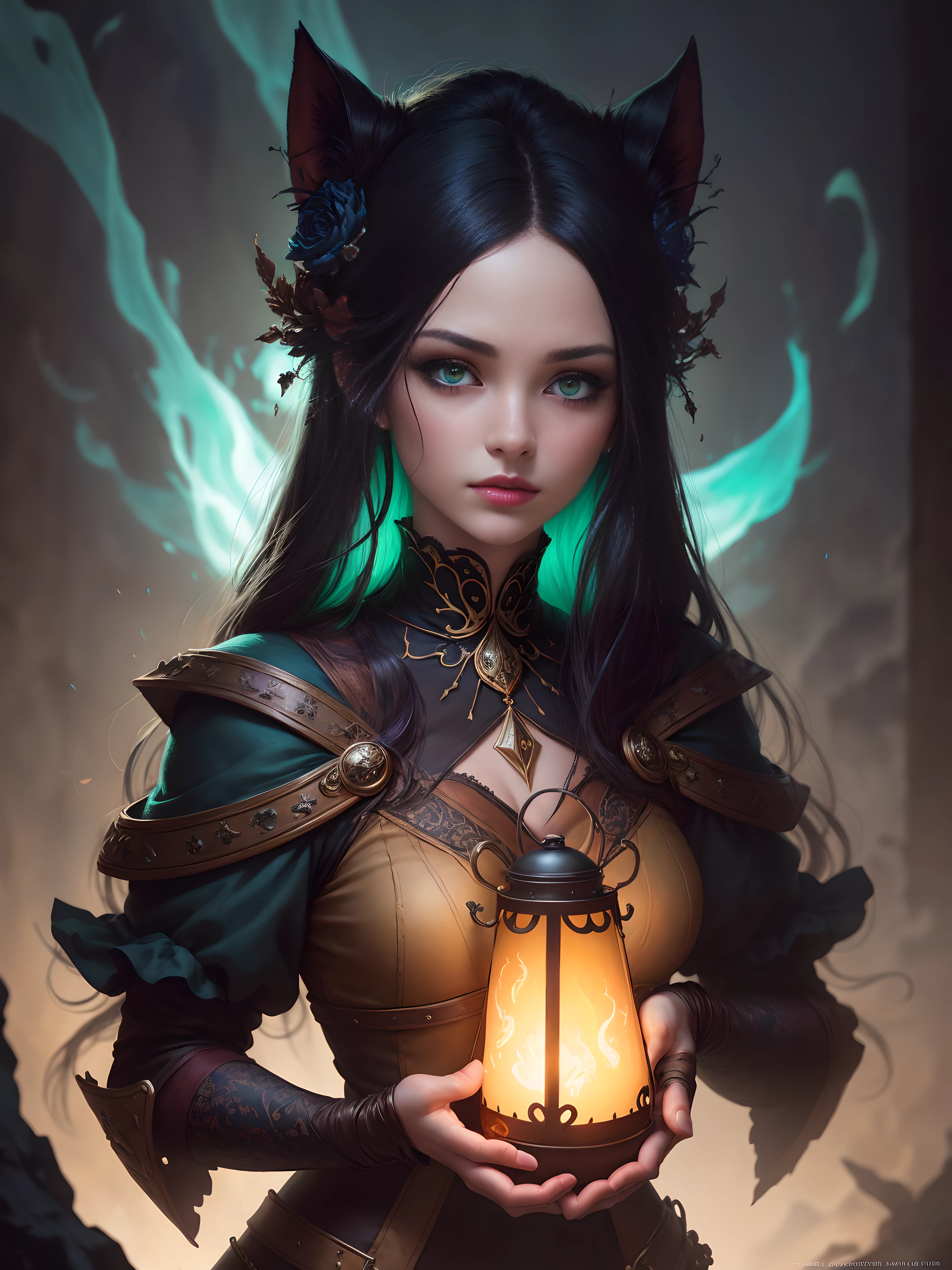 Arafed woman holding a lantern with a green light in her hand, dark fantasy style art, fantasy dark art, in style of dark fantasy art, dark fantasy art, Dark Fantasy Illustration, dark fantasy artwork, neoartcore and charlie bowater, dark fantasy mixed with realism, gothic fantasy art, fantasy art style, charlie bowater rich deep colors