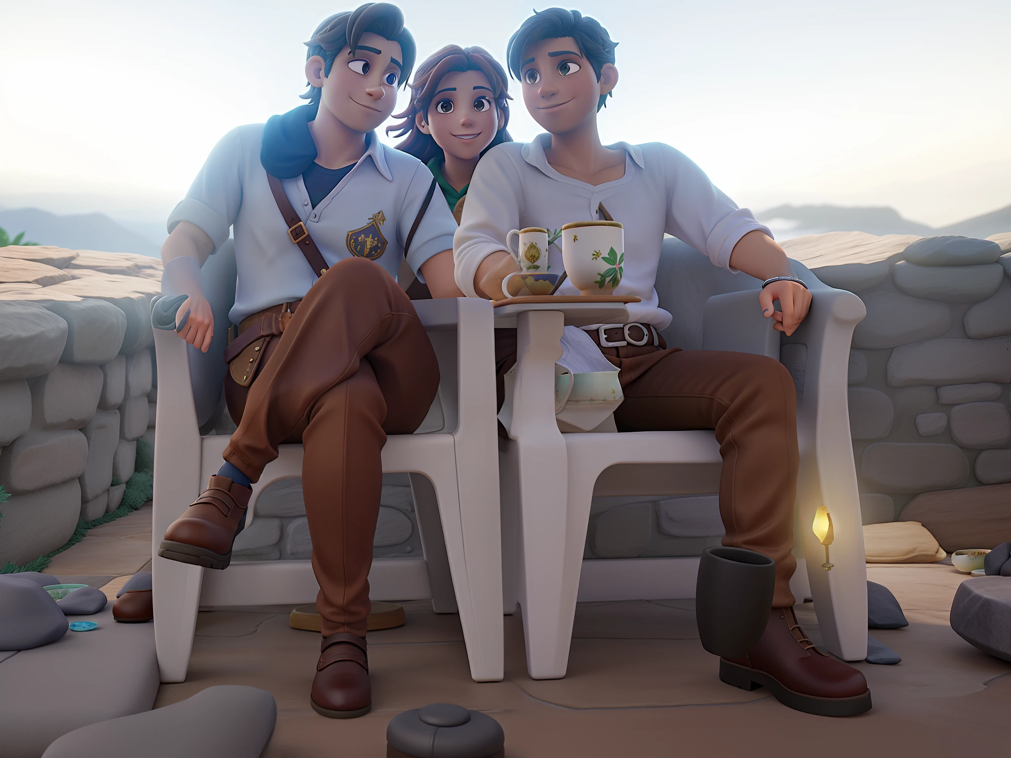 fundo da fantasia, RPG-style café, cadeira vazia, mesa, Tea cup set