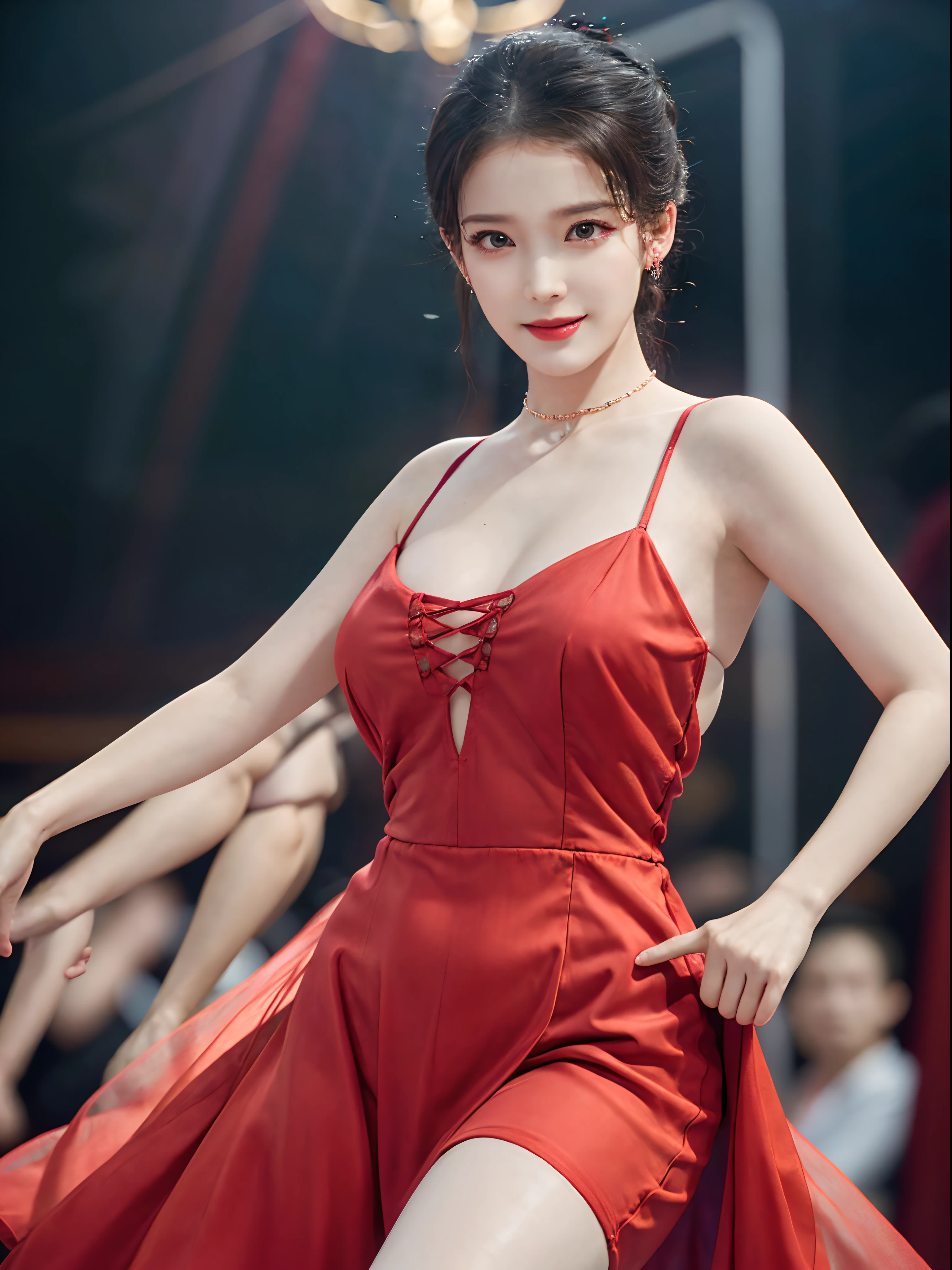 best quality, masterpiece, photo realistic, intricate details, raw photo, photon rendering, octane render, absurdres, ultra detailed, detailed face, detailed skin, trending on artstation, 8k masterpiece, cinematic lighting,trending on cg society,plasticien, a girl doing a ballet dance in a ballroom, smile brightly, slightly opened eyes, wink, glittering, dreamy, wear luxurious dress, necklace, earings, choker, vibrant dress, big breasts, mesmerizing body, chill, ((dance)), fullbody, full shot, in style of red and black