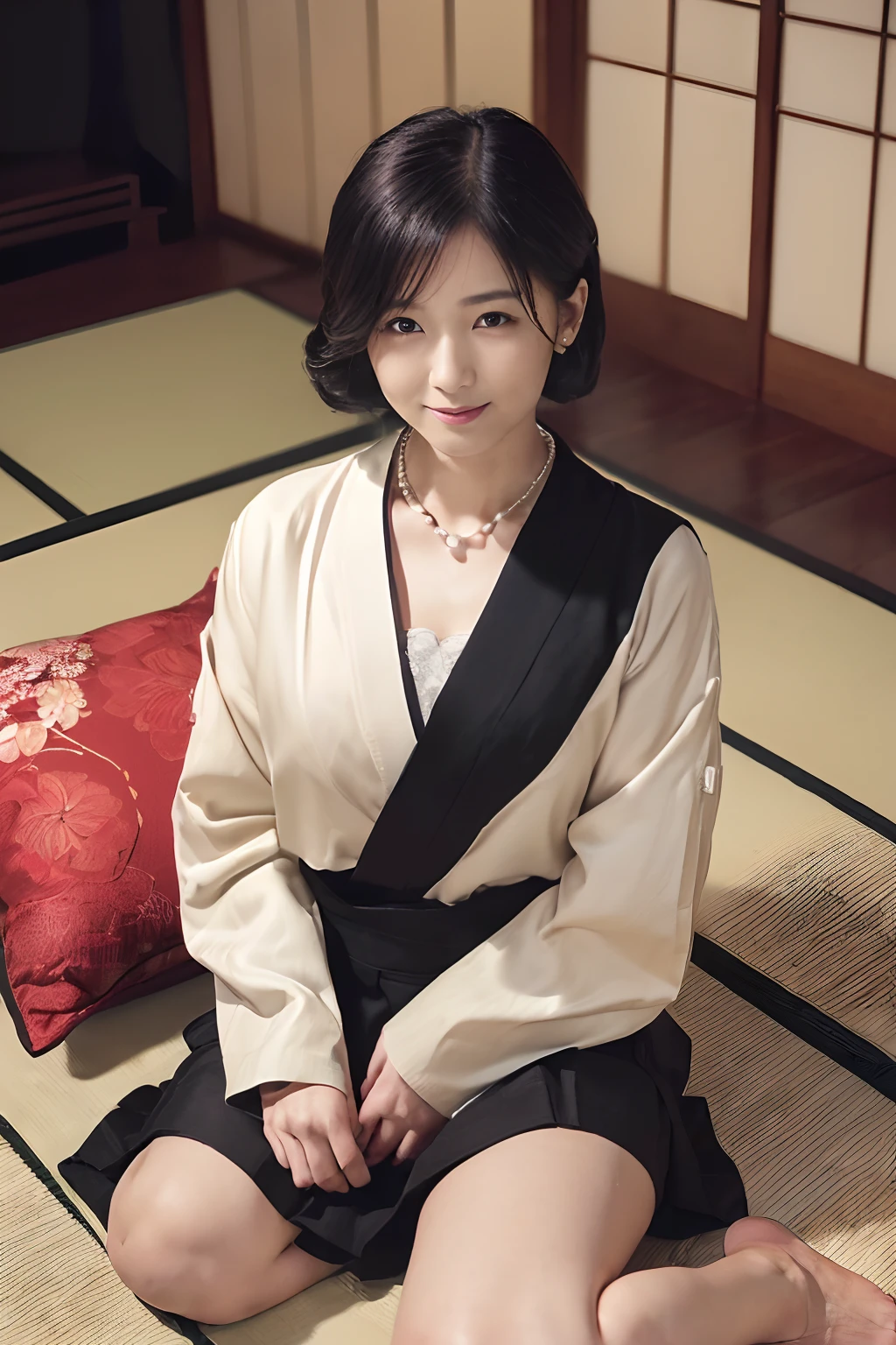 ((1人の女性,The most beautiful faces in Japan,40 year old,There are wrinkles at the corners of the eyes,Perfect camera gaze,Shooting from up close)),((((Simple jacket with black cloth and black inner,Black simple knee-length skirt,Full black clothes)))),((pearls necklace,Classy hairstyle,natural make up,Hide the chest area,Emphasis on chest bulge,gently smiling,,Sitting in a Japanese-style room,Japanese-style tatami room,shoji,Seowon building,Japan Room,Sit upright on a cushion,Sit upright on a cushion,Looking at the camera,look at a camera,Take a photo above from your lap)),((Turn to this,View here,Perfect fingers,perfect arms,细致背景,top-quality,The ultra -The high-definition,Perfect Anatomy,high-definition RAW color photography,professional photograpy, extremely delicate and beautiful, Extremely detailed,finely detail, Huge file size,Top image quality,8K,Award-Winning Works,masutepiece))
