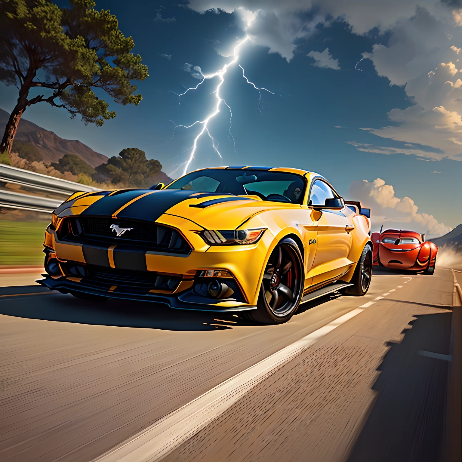 POST 3D INSPIRANDO NA DISNEY/ PIXAR
CAPTURANDO UM CENA, DE UM CARROS, MUSTANG PRETO, CORRENDO CONTRA O, Lightning McQueen.