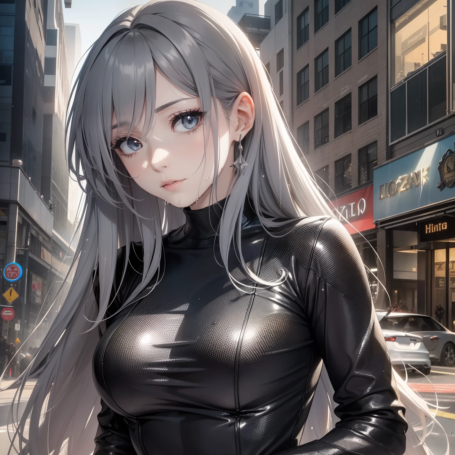 The woman, She wears a black shirt, Long gray hair and a pensive expression, llight rays, Beautie, Hot, Rin々Right, Sexy, Wet, Motorcycle in the background, Lying in the center of the City Tower, Cities are created, Amazing light, zoomout.length hair，metalic，​masterpiece，Detailed clothing，Detailed mech