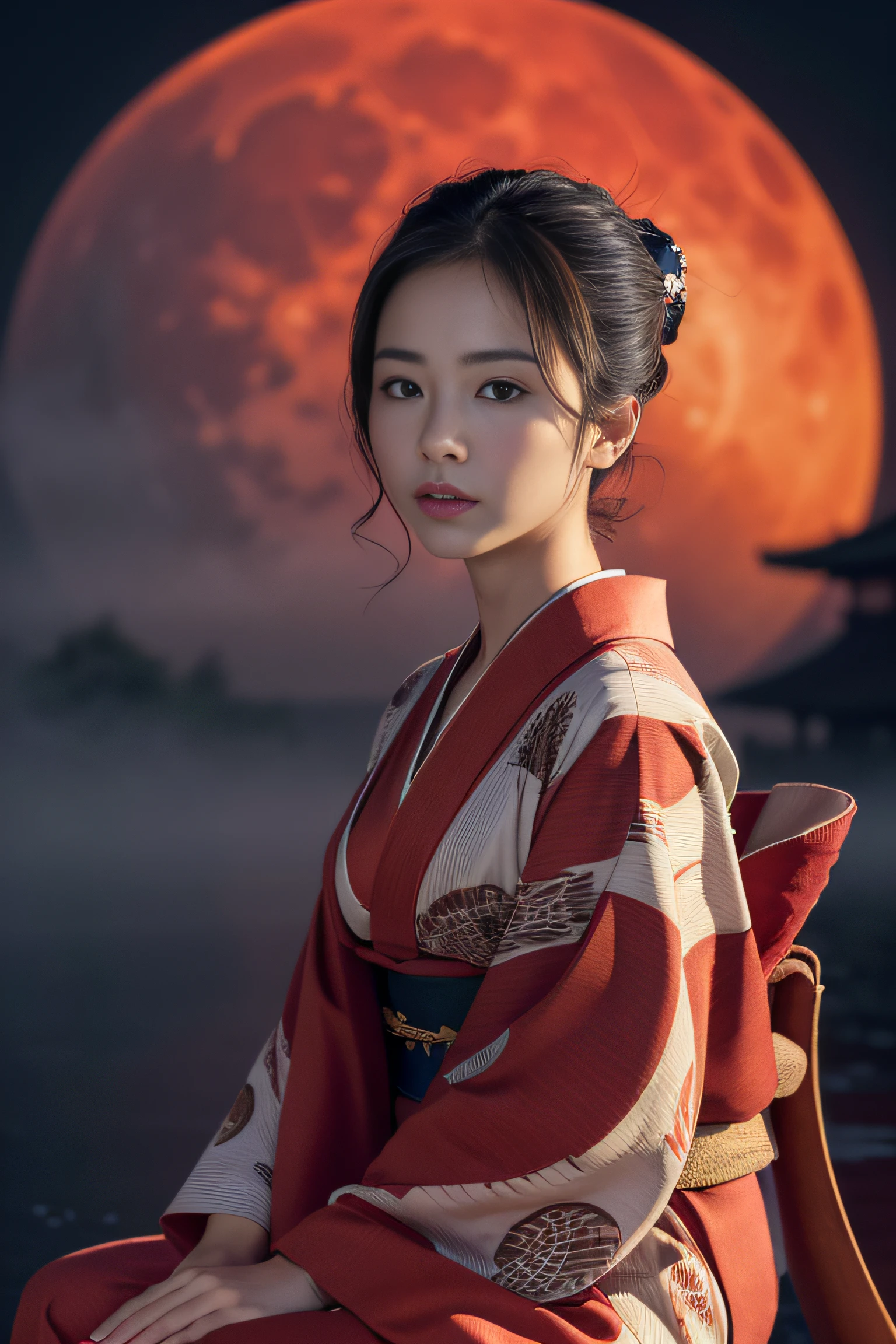 (masterpiece:1.2), ultra detailed, ultra high res, (realistic, photo realistic:1.37), high detail RAW color photo, professional photograph, an extremely delicate and beautiful, extremely detailed, 8k wallpaper, Amazing, finely detail, huge file size, extremely detailed beautiful girl, extremely detailed face, extremely detailed eyes, extremely detailed skin, extremely detailed fingers, highly detailed nose, highly detail mouth, Perfect Anatomy, Highly detailed background, (a famous actress of Japan:1.2), (gals:1.5), (flat chest), (brown race, dark skin:1.2), reflection, (sitting:1.3), (kimono:1.4), (traditional architecture, night, red moon, fog, silhouette, expressionless, ghost, red fire, fantasy:1.3), high contrast,