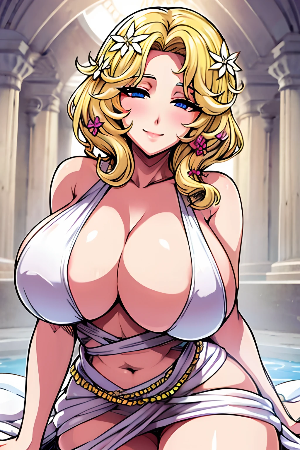 cute smile, big breasts, Blonde hair,  aphrodite, vestido blanco, ecchi, sexy (detail face)