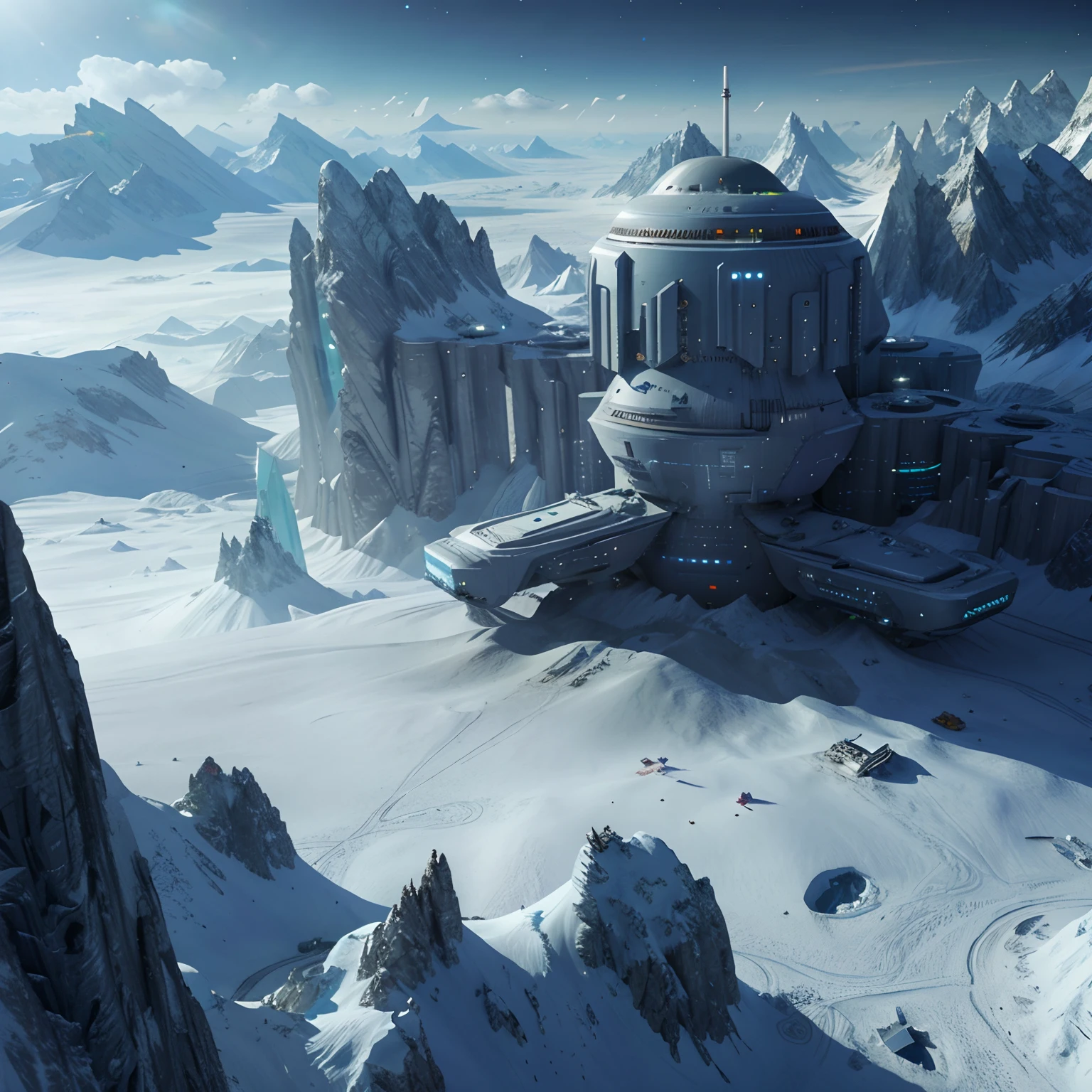 futuristic city in the middle of a snowy mountain range, ice city in 2 0 8 0, sci-fi fantasy wallpaper, industrial futuristic ice mine, sci-fi fantasy desktop wallpaper, highly realistic concept art, stunning sci-fi concept art, planet hoth, epic cinematic matte painting, ice planet, sci fi setting, matte painting concept art, moon, deep space,