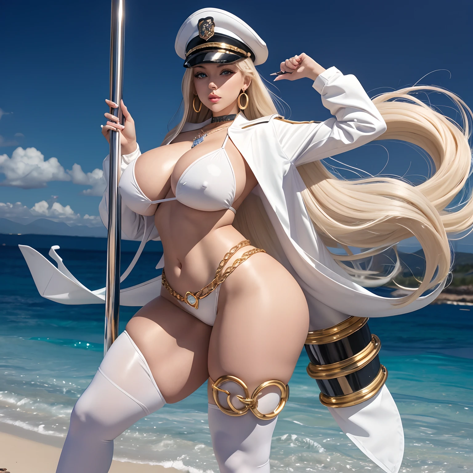 Platinum long hair blonde, huge round fake tits, micro bikini top, long sleeves, booty shorts, thick white latex platform 50inch heels, tongue sticking out, standing, legs spread out, captain sailor hat, thick thighs, big butt, Big white metal chocker, Bimbo, big golden loop earrings, full body. Long legs, sliver plated belt, Big lips, diamond navel piercing, Bright blue eyes, Muscular triceps, Big eyelashes, White long fingernails, Golden belly chain.
