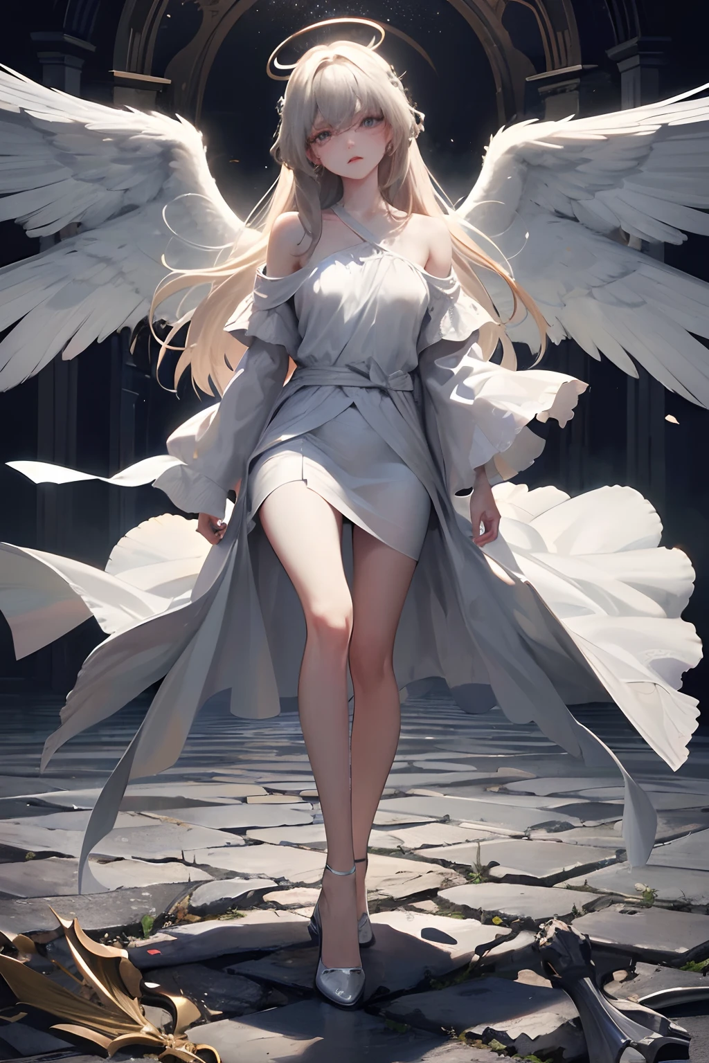(masterpiece,  best quality),  intricate details,  weeping angel statue made of white marble,  (white marble:1.2),  outside,  dark forest,  night