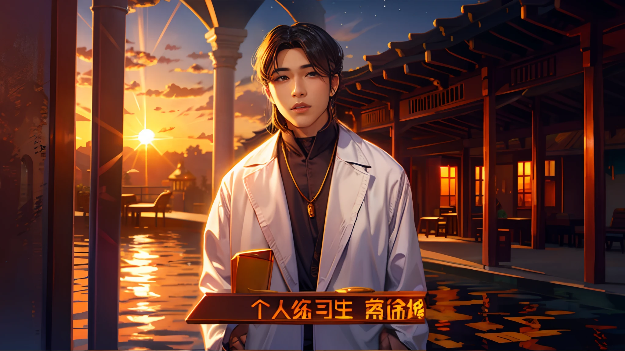 the sunset，eventide，middle parted hairstyle