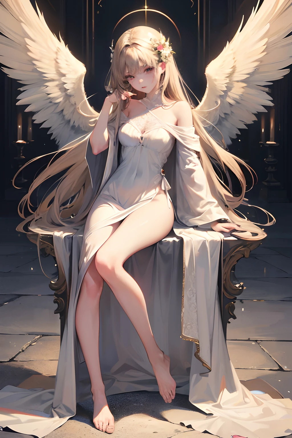 Best Image Quality, MasterPiece, Ultra High Resolution, (Accuracy: 1.4), Very beautiful girl, long straight hair, white hair with bangs, dressed in an unbuttoned kimono, naked big breasts, naked, sitting in lotus position, detailed legs, (flawless anatomy) (detailed anatomy), perfect anatomy, white socks, short socks, hands pointing to the sides, tattoo on the whole body, tattoo on the body, reads mantras, against the background of the night starry sky stands a big fluffy Hare, Red Moon. detailed eyes, eyes of different colors, detailed face, naked body,, nfsw, beautiful detailed eyes, halo around the head, dull, dark, membranous, 1.5), (erotic clothing: 1.4), bare shoulders.