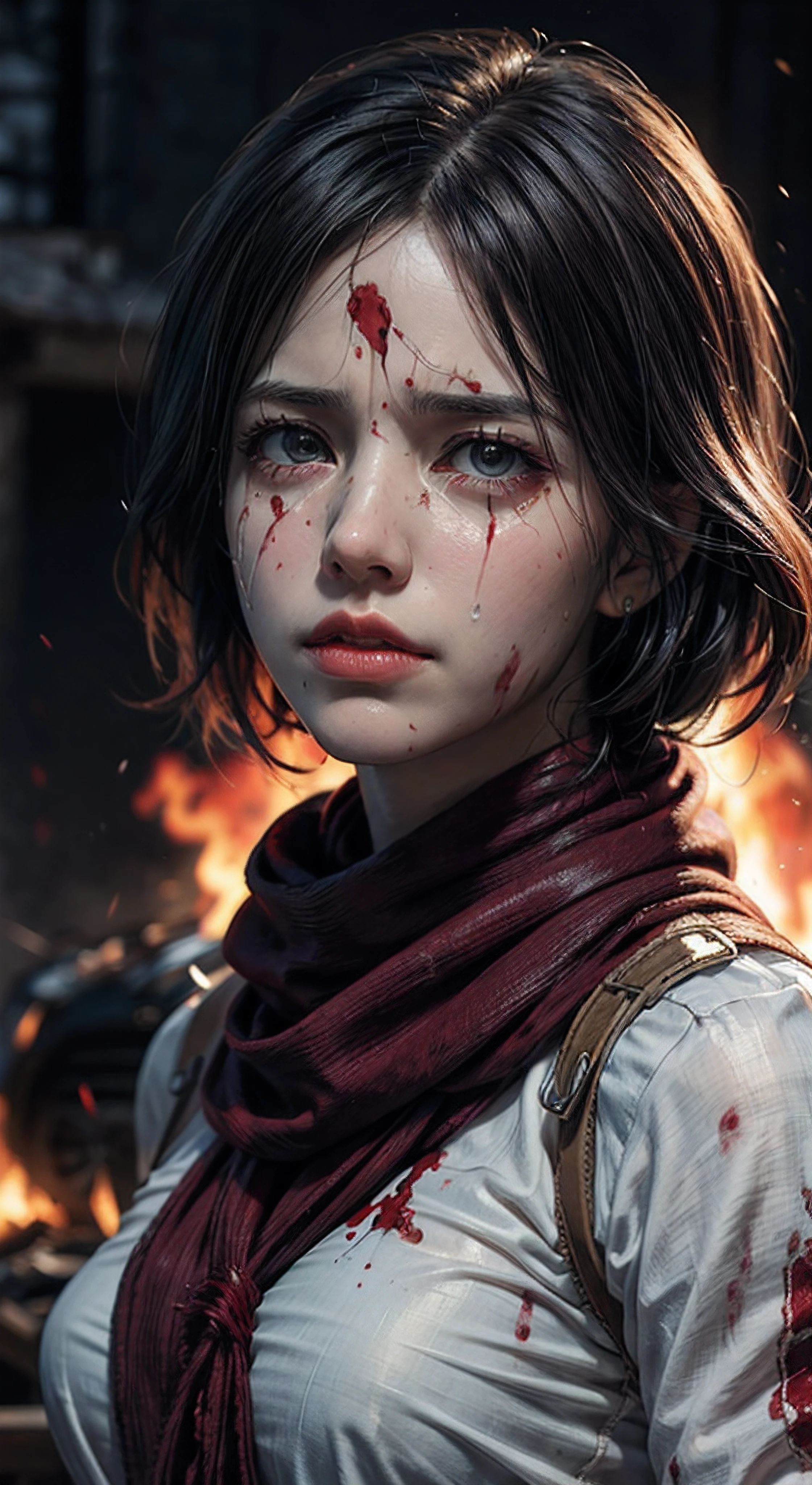 (masterpiece), (hyper realistic), Attack on Titan, half body shot, Mikasa Ackerman, Crying, sadness, Tears, A maroon scarf around his neck, blood stains on his face and clothes, dinamic lighting, dramatic fire background