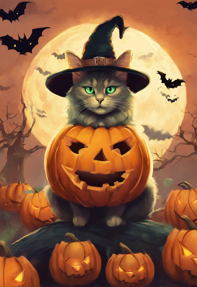 Halloween cat with green eyes sitting on pumpkin, A witch flies in the sky