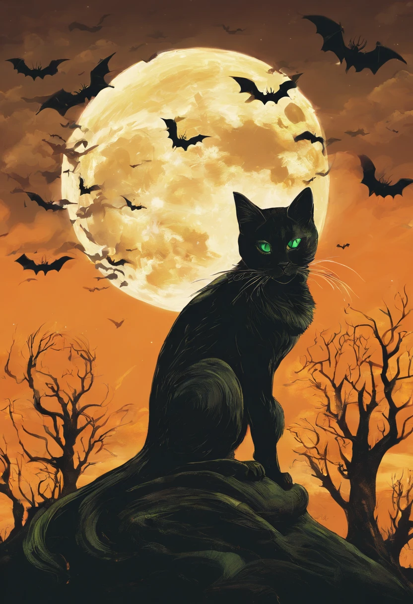 Halloween cat with green eyes sitting on pumpkin, A witch flies in the sky
