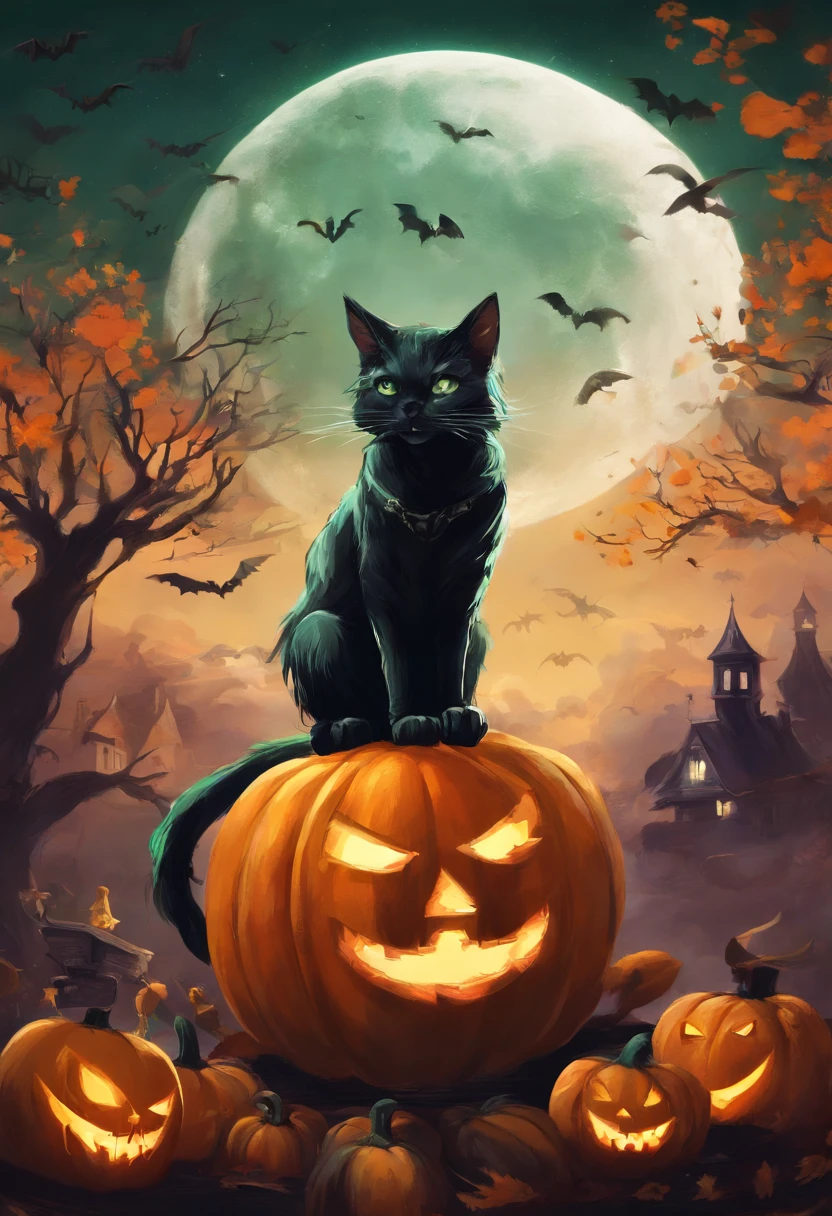 Halloween cat with green eyes sitting on pumpkin, A witch flies in the sky