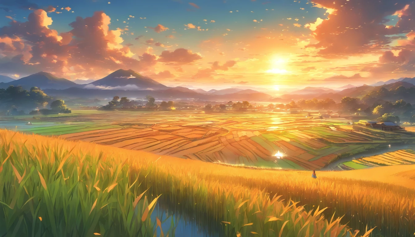 a vast rice field, golden glow, sunset colors, reflecting in the water, misty atmosphere, peaceful serenity, lush greenery, flowing patterns, traditional farming, birds hovering, distant mountains, rural landscape, traditional harvest, tranquil scene, calm and serene