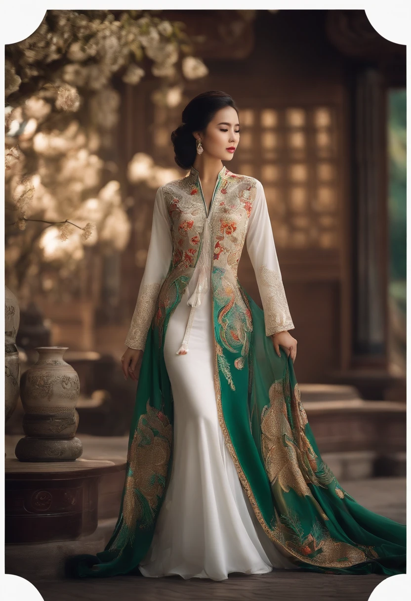 A woman in a white and green dress standing in front of a building ...