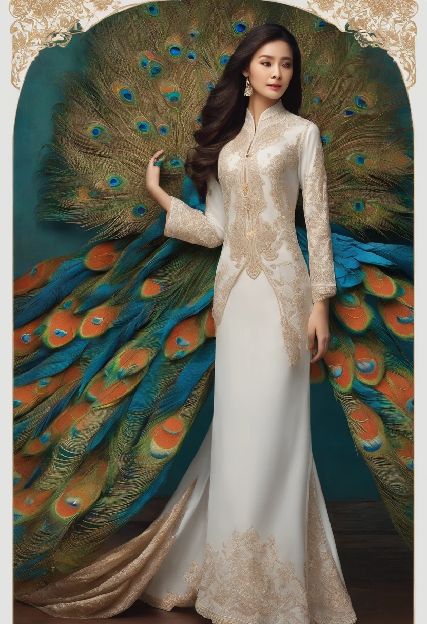 the girl in Ao Dai is sewn from fine silk or cotton fabric, It has a long white style and that hugs the body that is very detailed, The Peacock pattern on the front of the shirt is very detailed, The girl stands in a very splendid space with many details