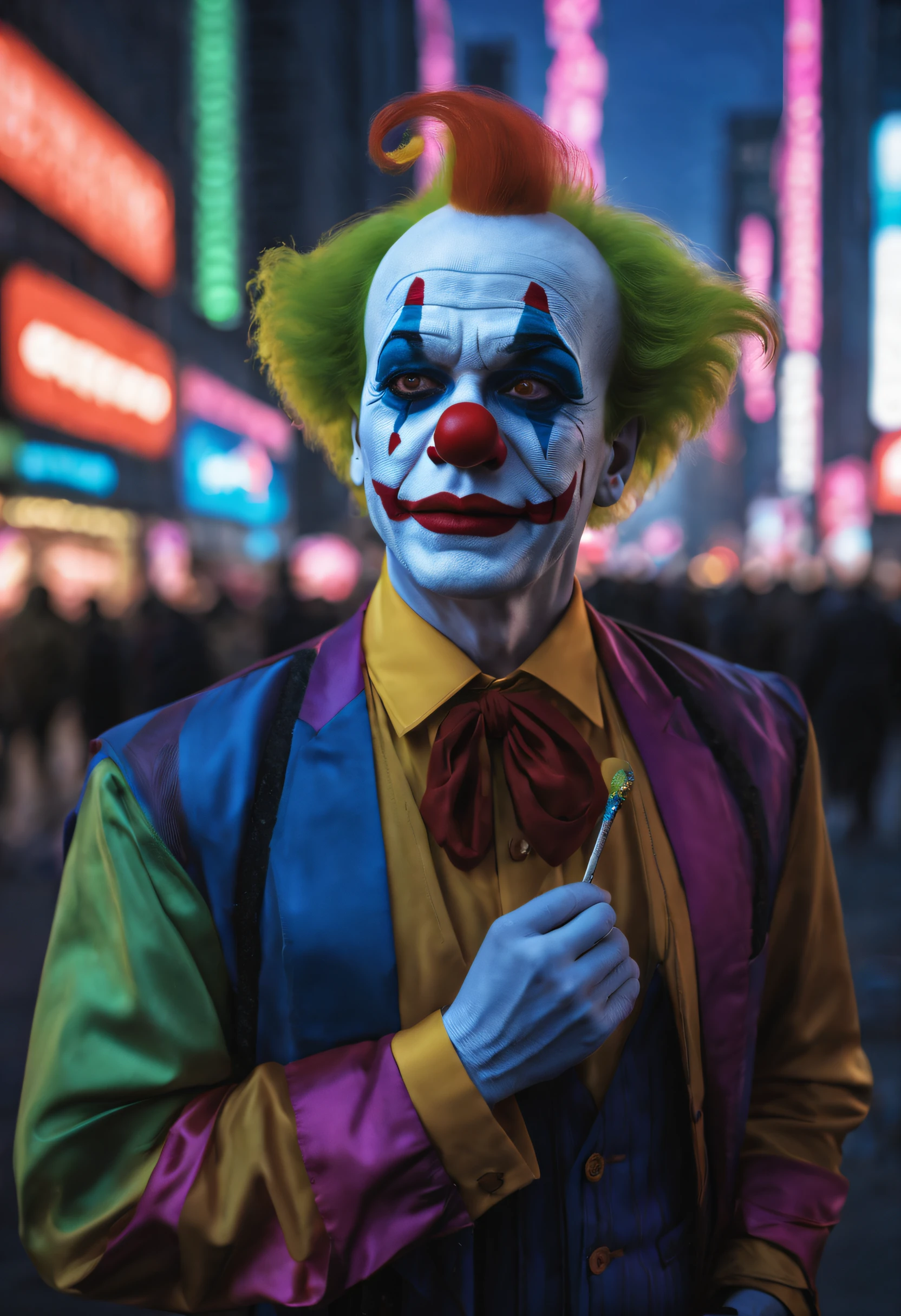 (best quality,4k,8k,highres,masterpiece:1.2),ultra-detailed,realistic:1.37,detailed portrayal of a bustling metropolitan city at night, with towering skyscrapers that stretch into the sky. The city is illuminated by flickering neon lights, creating a vibrant atmosphere. At a street corner stands a clown, dressed in vibrant, colorful attire. He holds a giant magic wand adorned with sparkling gemstones. The clown's face is painted with an exaggerated smile, but his eyes reveal a profound sadness. Surrounding pedestrians come to a halt, captivated by the spectacle. Their silhouettes are reflected on the glass windows of the towering buildings, evoking a sense of solitude and indifference in the modern cityscape. medium:illustration,urban landscape,pop art,portrait,detailed eyes and face,night view,expressive emotions,loneliness,dark shadows,vibrant colors,colorful lighting,HDR,UHD,sharp focus.