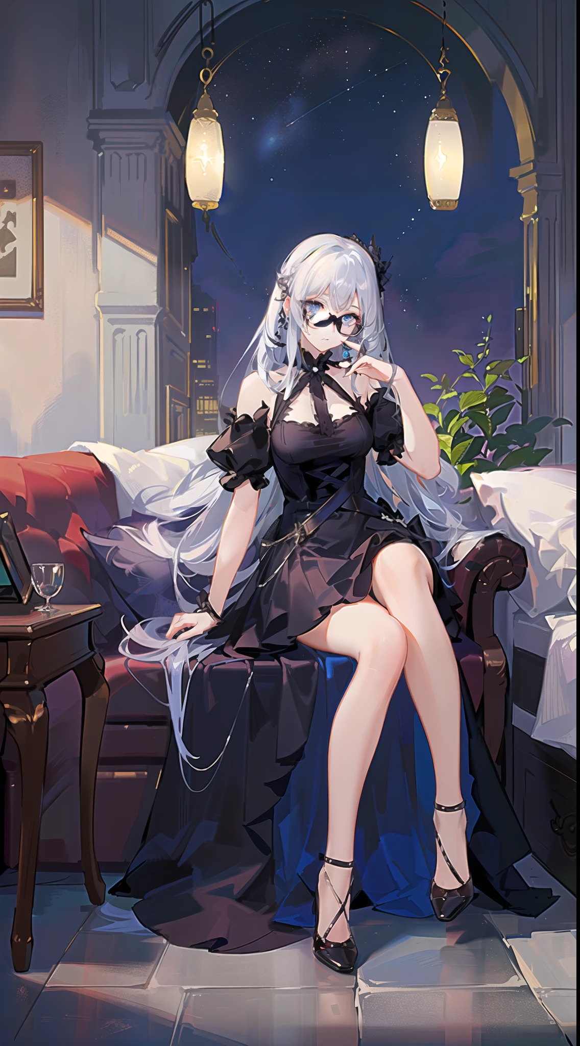 , Long white hair, blue eyes, Black Stylish Glasses, blue dress, fluffy dress, short sleeves, open shoulders, book, sitting at a table, tea, Masterpiece, hiquality, 4k, HD, Good detail