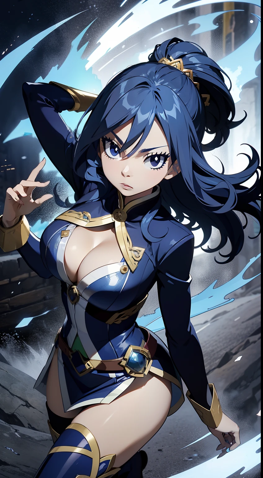 Aria Drakoria es una joven de belleza deslumbrante con cabello largo y sedoso de color azul oscuro, que cae en cascada hasta la cintura. Sus ojos son de un intenso color verde esmeralda, full of determination and mystery. Tiene una estatura elegante y una figura esbelta, with delicate yet athletic curves. Su vestimenta refleja su poder y confianza. Lleva una armadura plateada adornada con detalles azules y dorados, que resalta su gracia y fuerza. Furthermore, She wears a flowing blue layer behind her, giving it a majestic air. Completa su atuendo con botas altas de color negro y guantes de cuero azul. Aria possesses a unique combination of powers from the protagonists of Fairy Tail: