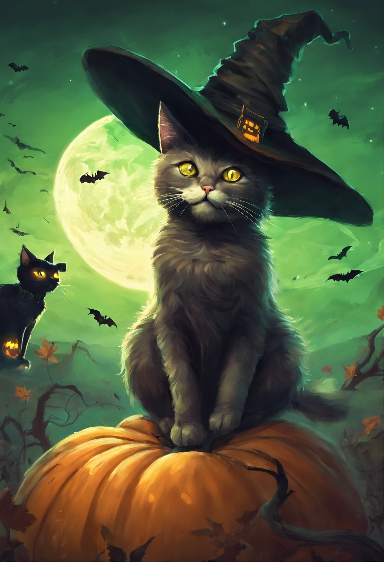 Halloween cat with green eyes sitting on pumpkin, A witch flies in the sky