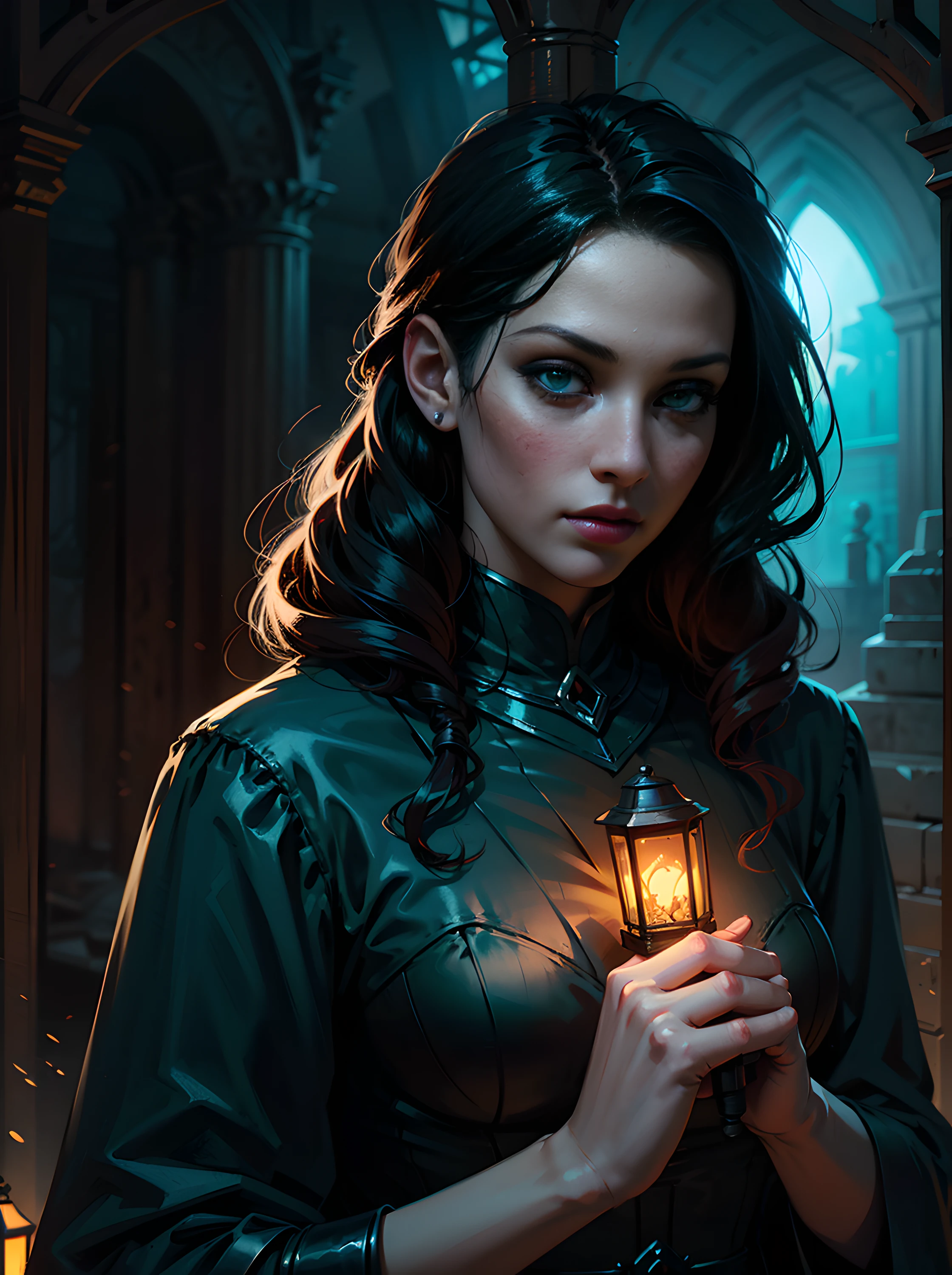 Arafed woman holding a lantern with a green light in her hand, dark fantasy style art, fantasy dark art, in style of dark fantasy art, dark fantasy art, Dark Fantasy Illustration, dark fantasy artwork, neoartcore and charlie bowater, dark fantasy mixed with realism, gothic fantasy art, fantasy art style, charlie bowater rich deep colors