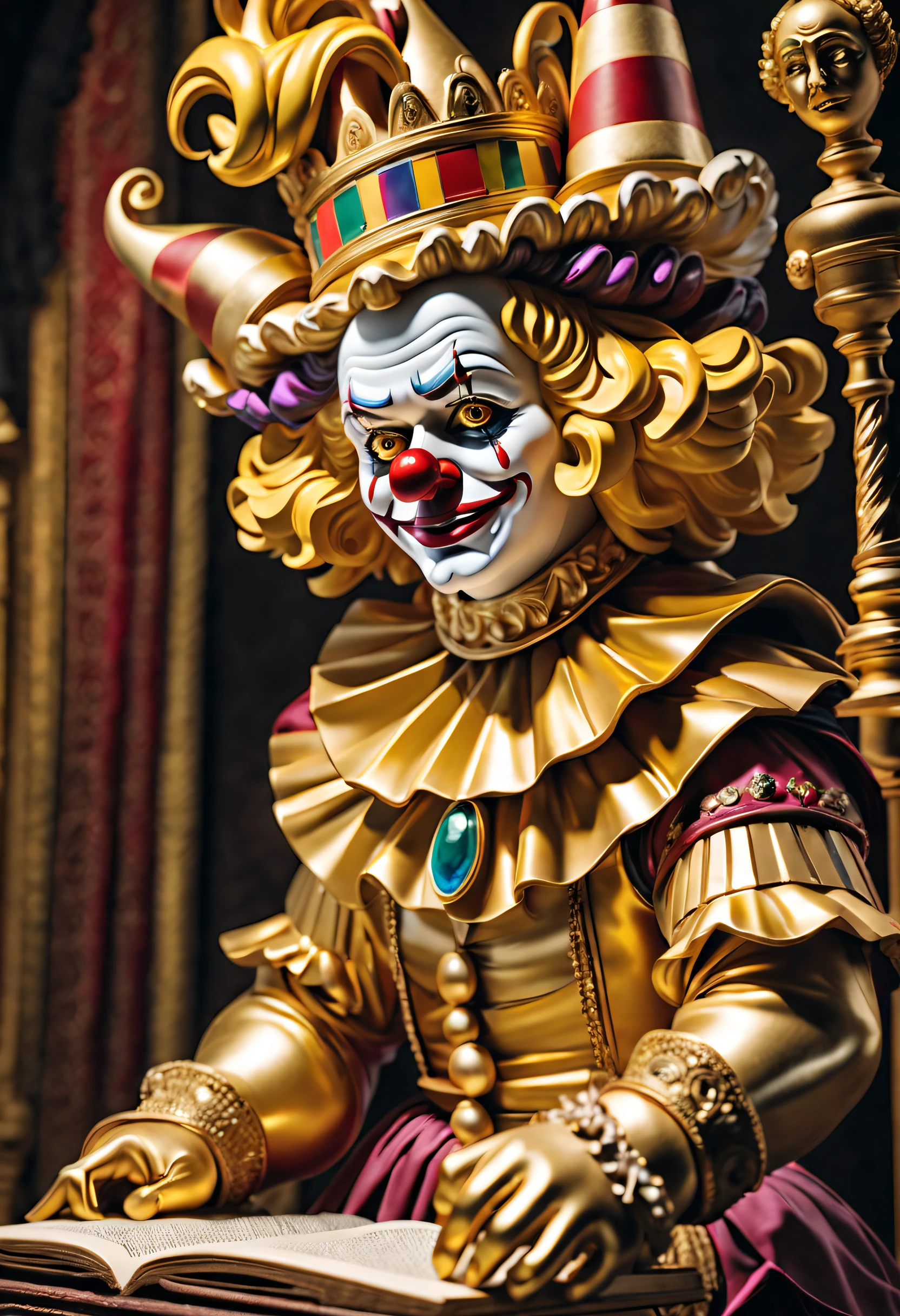 In an ancient museum, a mesmerizing gold clown statue catches everyone's attention. The statue is intricately crafted, with exquisite details of the clown's face and costume. It is adorned with various precious gemstones, and the metallic surface of the statue gleams and shimmers under the warm glow of the lights. Next to the statue, there is an old book, filled with intriguing stories and legends about the clown. The atmosphere in the museum is serene and peaceful, creating the perfect ambiance for the statue to come to life and narrate the tales of its rich history. The spectators are captivated by the statue's presence and can't help but be drawn into its mesmerizing charm.

(best quality, 4k, 8k, highres, masterpiece:1.2), ultra-detailed, (realistic, photorealistic, photo-realistic:1.37), golden clown statue, precious gemstones, intricate details, antique book, captivating stories, warm lighting, serene atmosphere