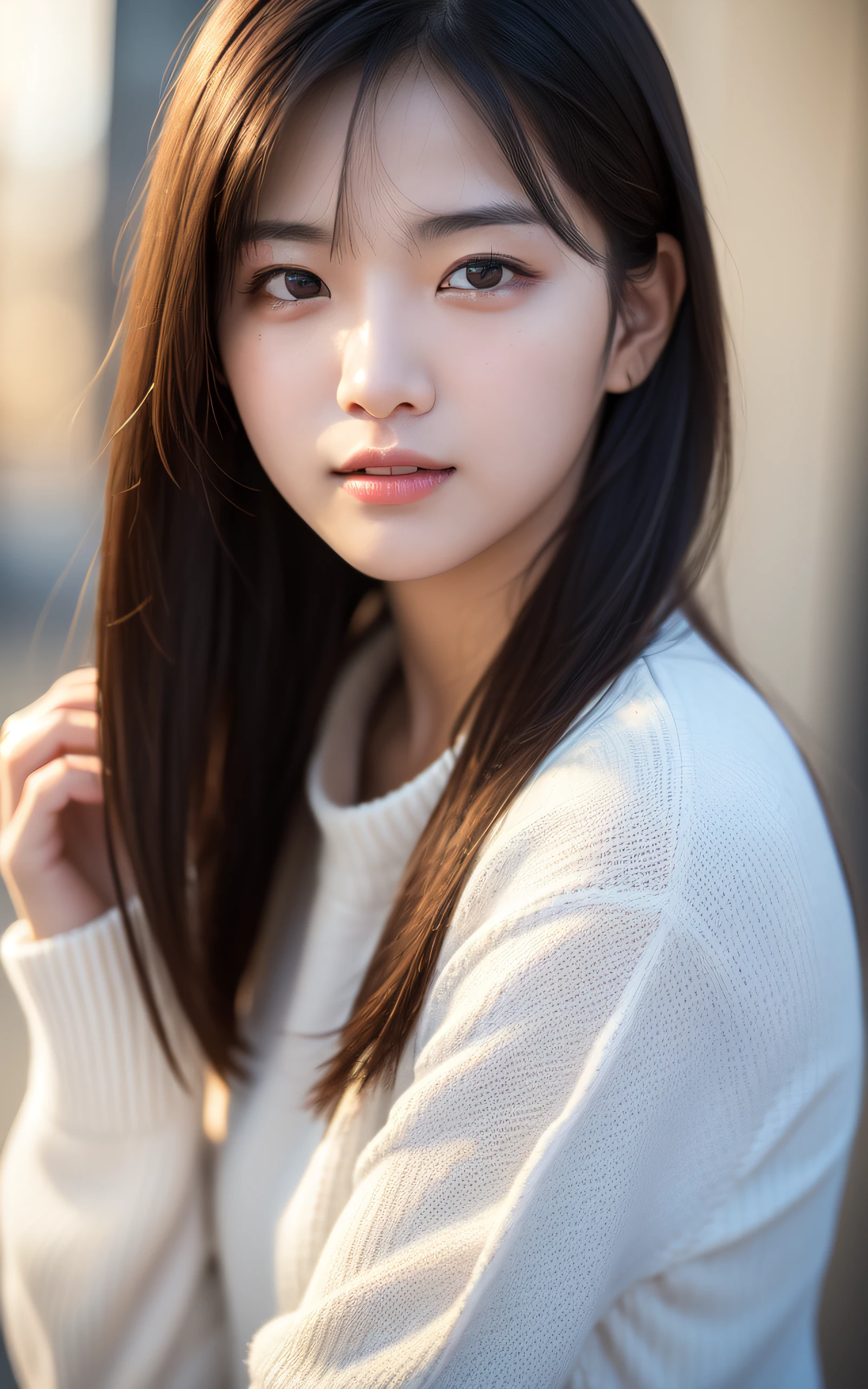 (Photo Real:1.4), (hyper realisitic:1.4), (Smooth lighting:1.05), 1 girl, (sad:1.4), mouth slightly open, neat and clean beauty, 22 years old, Soft lighting, Back lighting, (cheerfulness:1.2), (Finest Real Textured Skins), Narrow-eyed, Super fine face, glowy skin, retinas, Anatomically correct, acurate, Super Detail, Textured skin, High quality, high details, Best Quality, High resolution, bangs, sweater