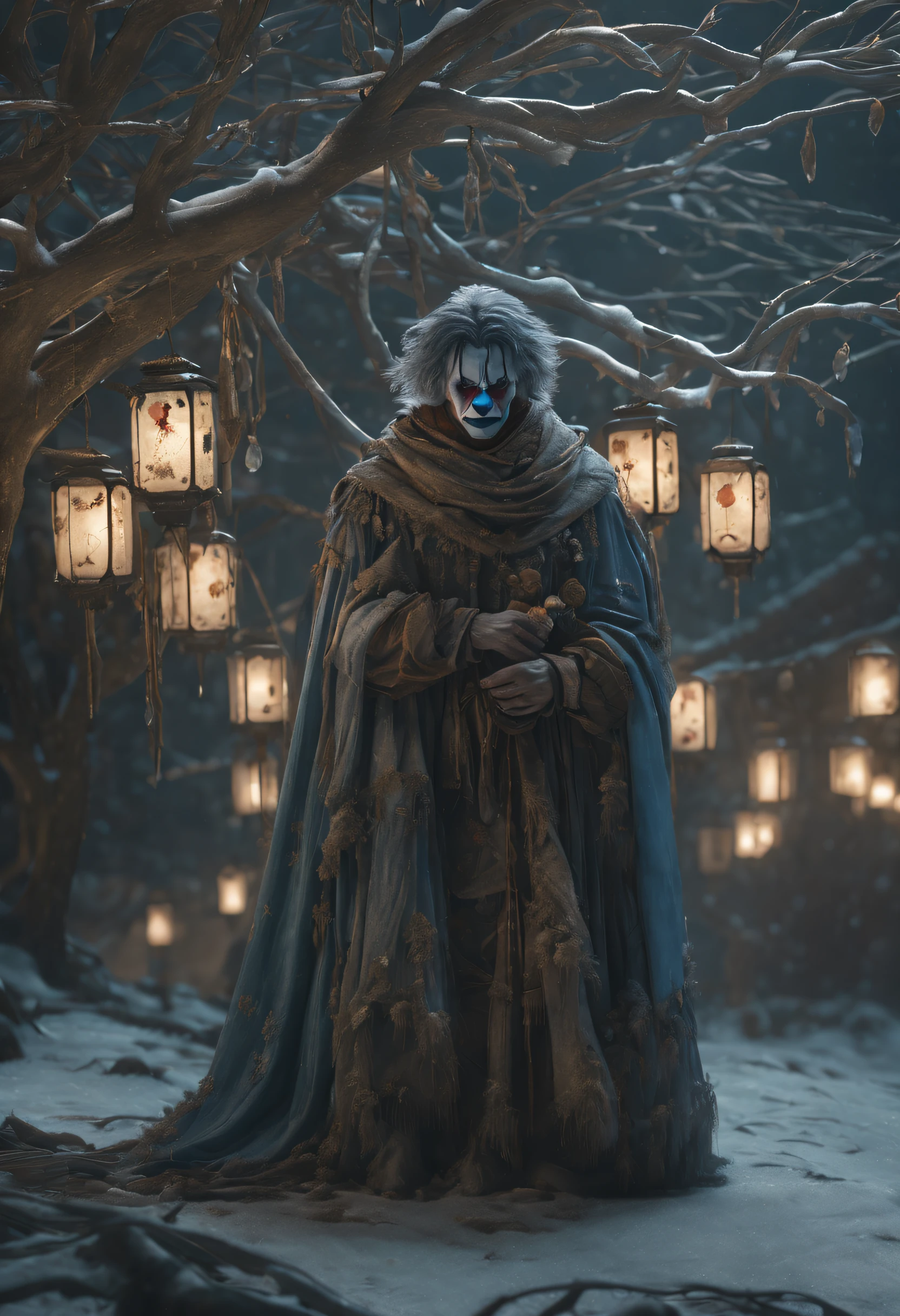 On a snowy night, a clown stands alone beneath a withered tree. He is draped in a somber cloak, with a face adorned in a sorrowful makeup, his eyes revealing loneliness and helplessness. Hanging from the barren branches are several strands of ice-blue lanterns, casting a dim light upon the clown's figure. Snowflakes delicately fall, creating a gentle and tranquil atmosphere within the darkness. The entire scene exudes a sense of solitude and despair, evoking feelings of sympathy and pity. (best quality,4k,8k,highres,masterpiece:1.2),ultra-detailed,(realistic,photorealistic,photo-realistic:1.37),portrait,ice-cold,color tones: cool,lighting: soft moonlight