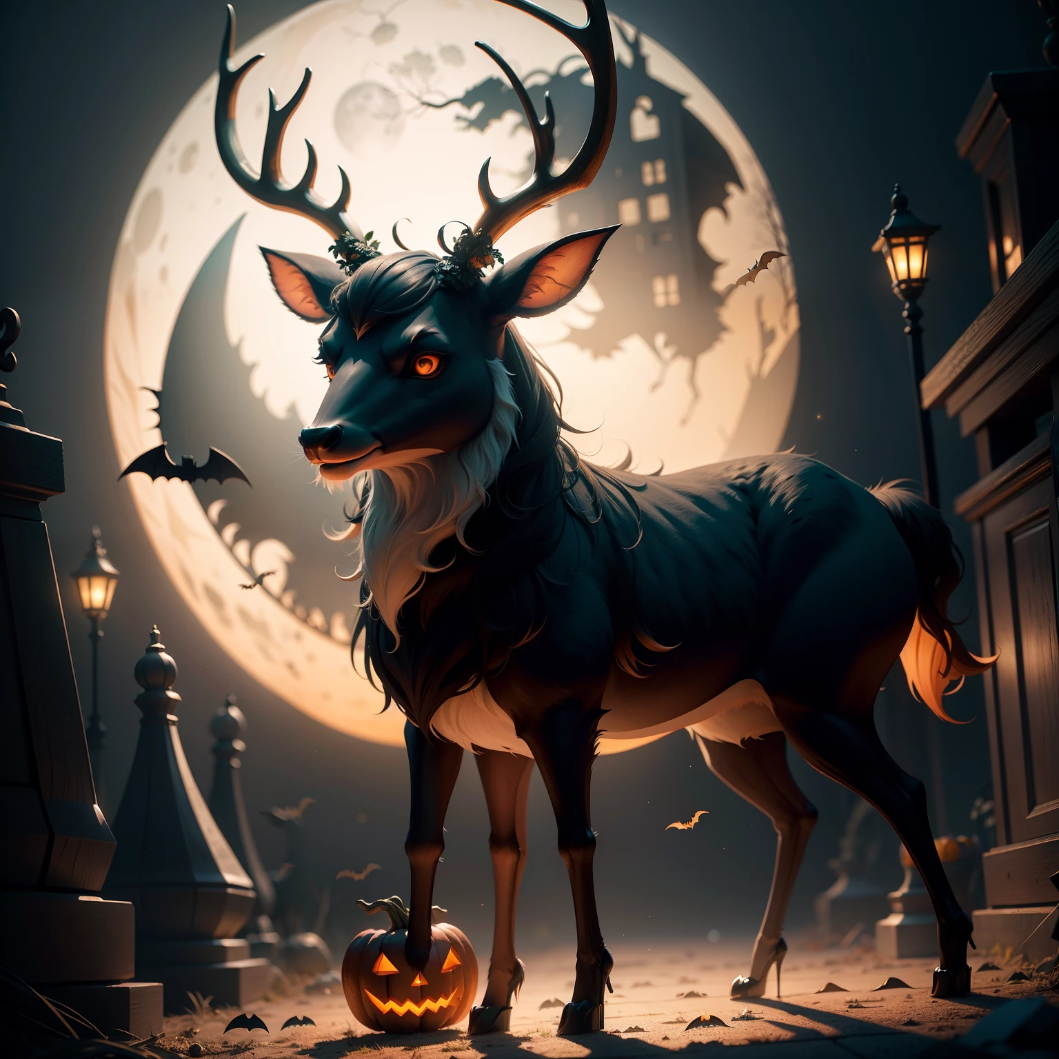 Halloween Deer,Middle element,(master-piece,bestquality:1.2),Best Lights,best shadows,Show background, . . .bat,full big moon, stylized 3d render