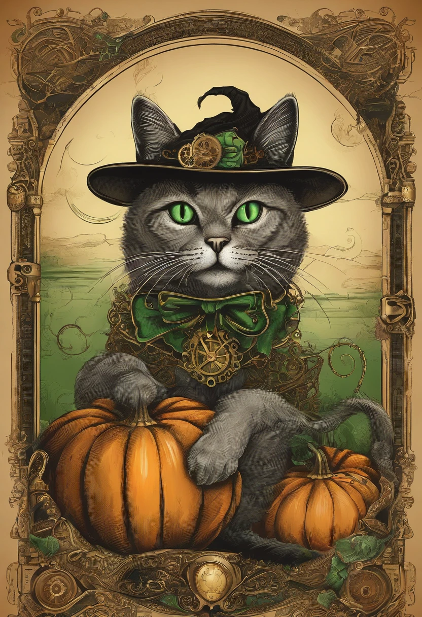Halloween cat with green eyes, Sitting on a pumpkin, A witch flies in the sky