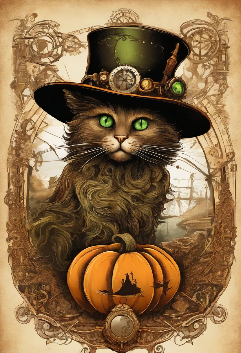 Halloween cat with green eyes, Sitting on a pumpkin, A witch flies in the sky