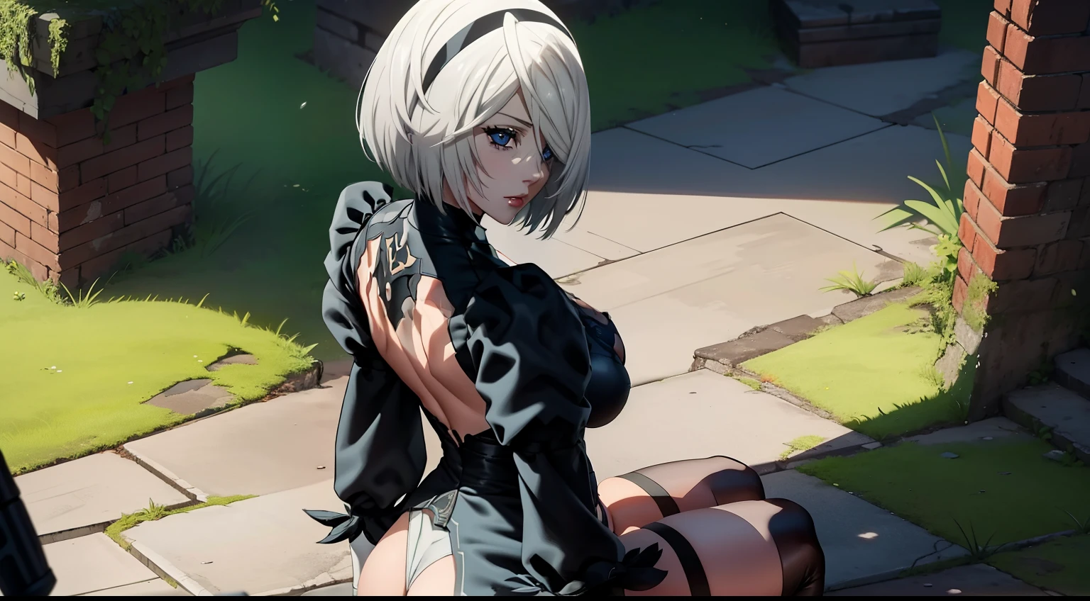 Camera from above, sits on the edge, Sits, Camera from above, Frame from above, sits on the edge of the roof, White Hair Bob, ashy hair, The eyes are covered with a bandage, Cyan eyes, black dress with a short skirt, short black skirt, Skirt covers buttocks, neckline on the chest, white panty, black stockings, high black boots, high-heeled boots, very extremely beautiful, Slender figure, Full-length(Body Full 1.1),Game nier automata, ruined city, The city, overgrown with plants, Ruins, high detail official illustrations, ((beautiful fantasy girl))，Red Small Breasts, Her breasts are sticking out from under her clothes, BREAK (Master Part: 1.2), Best Quality, High Resolution, photorealestic, photogenic, Unity 8k壁纸, (illustartion: 0.8), (Beautiful detailed bluish-gray eyes: 1.6), extremely detailed face, perfect  lighting, extremely detailed CGI , (perfect arms, perfect anatomy), A girl with perfect breasts, beatiful face, master study, intricate details, Detalhes realistas, the anime, (Based on nier automata) the perfect body, The Perfect Girl, perfect details, Ultra HD |, 8K, Professional photo, 2B Sexy Body,