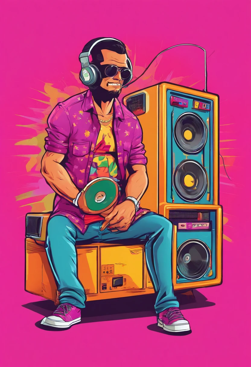 A mascot listening to music from a vinyl player