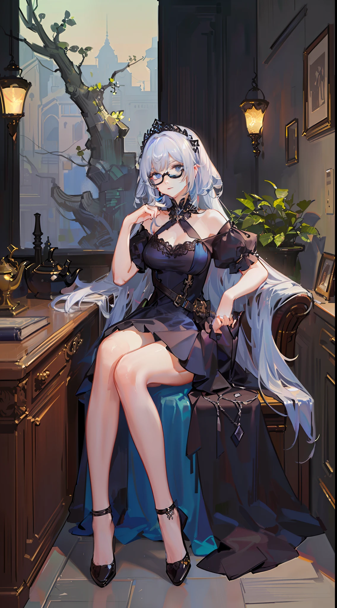 young girl, Long white hair, blue eyes, blue beautiful dress, Huge-breasts, eyeglasses, Masterpiece, hiquality, 4k, HD, Good detail
